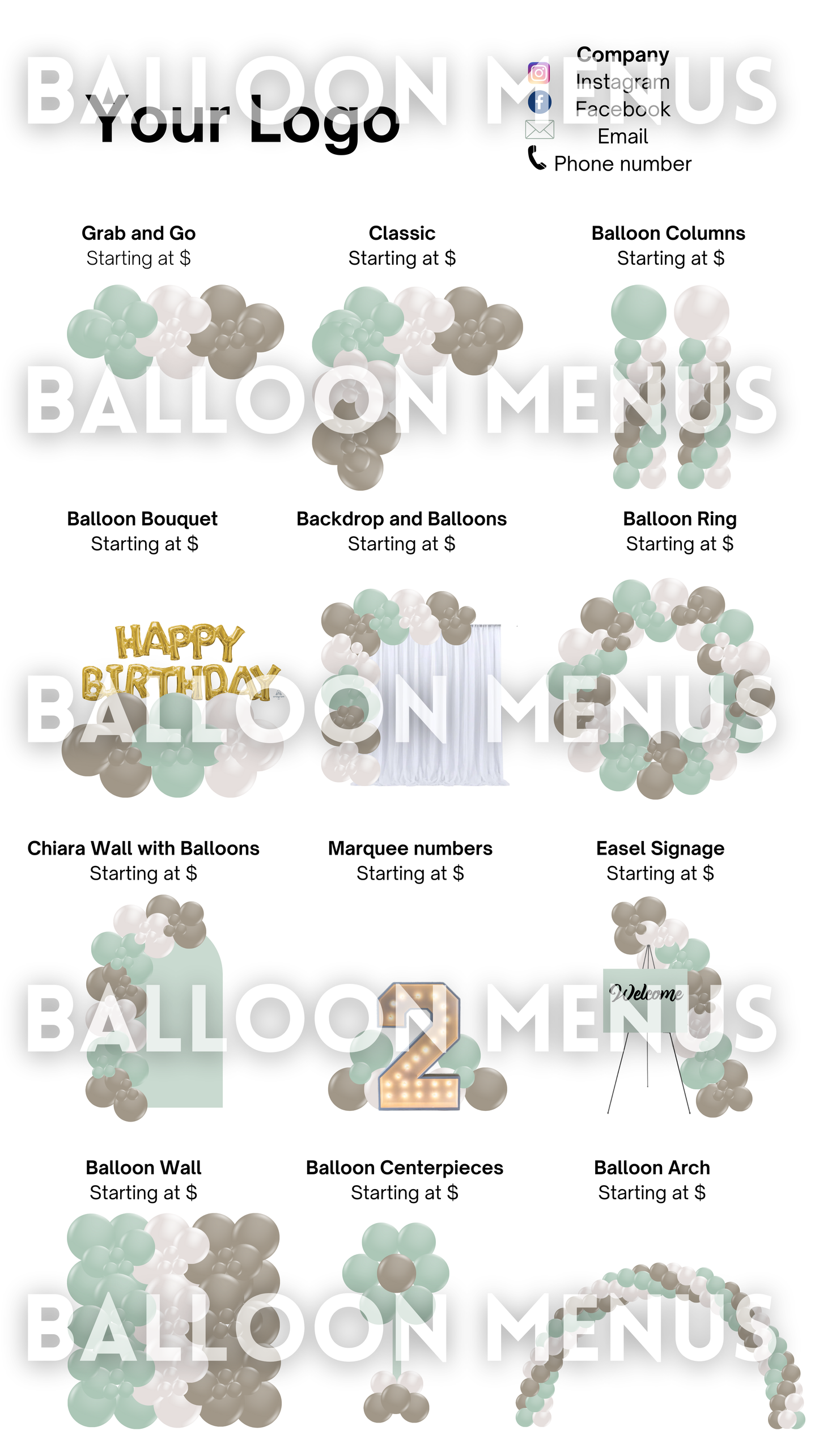 Premade Editable large Balloon Menu - Green, White, Grey