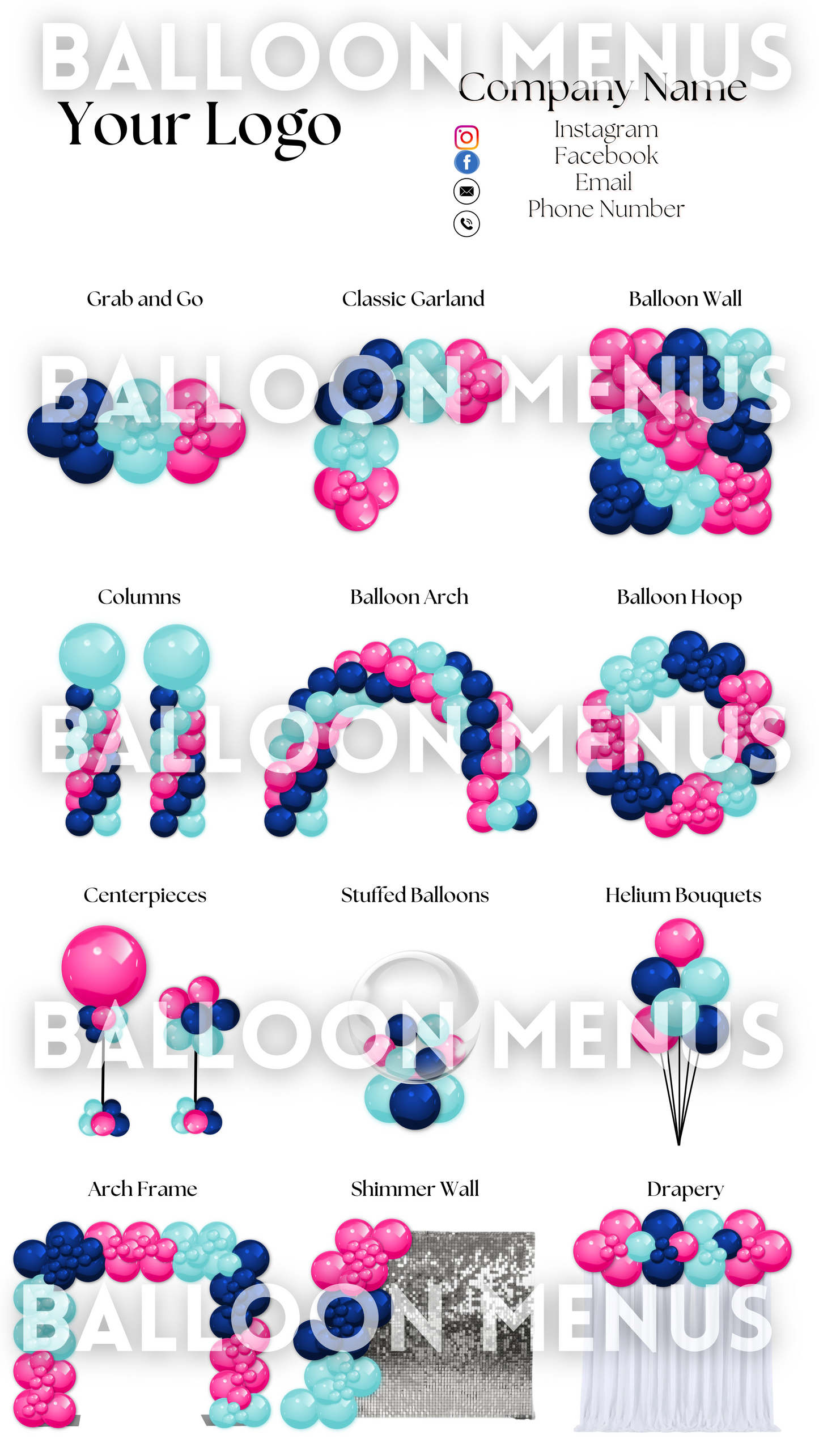 Premade Editable Large Balloon Menu- (Blue , Pink)