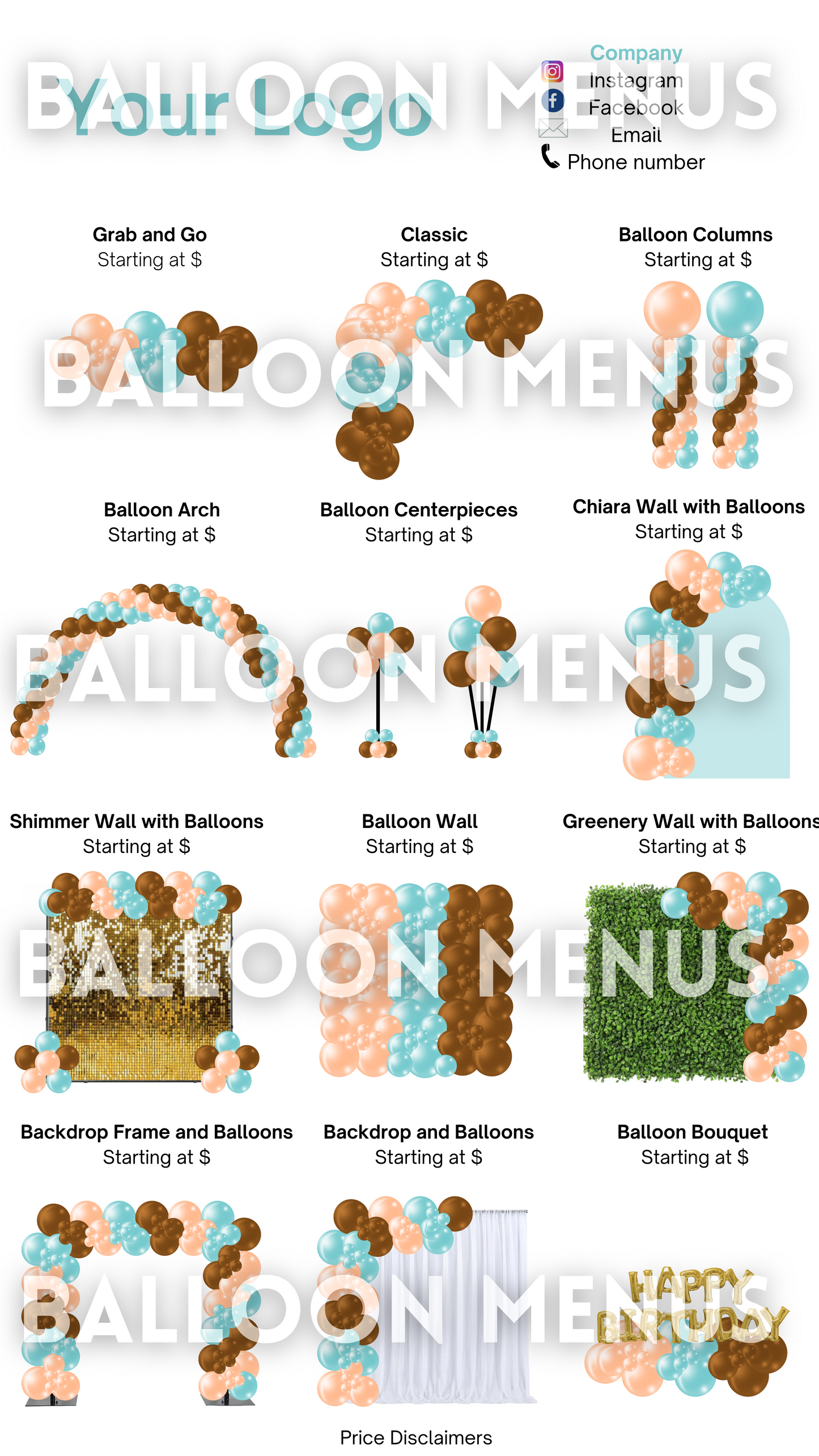 Premade Editable Balloon Menu Template- Blue, Brown, Cream
