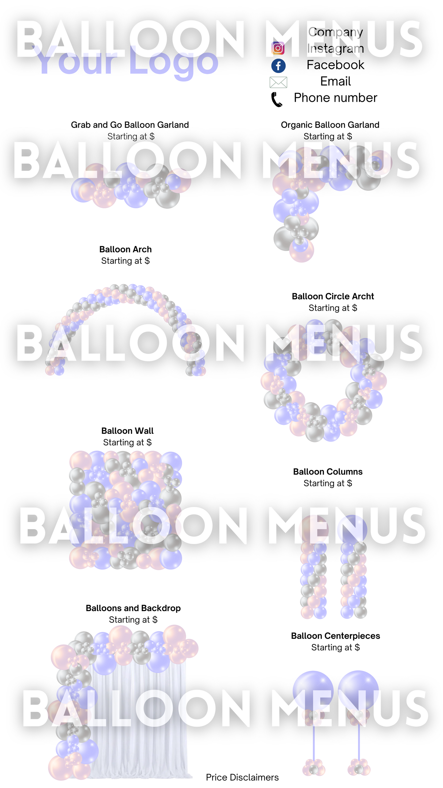 Premade Editable Balloon Menu - Pink, Lavender , Silver