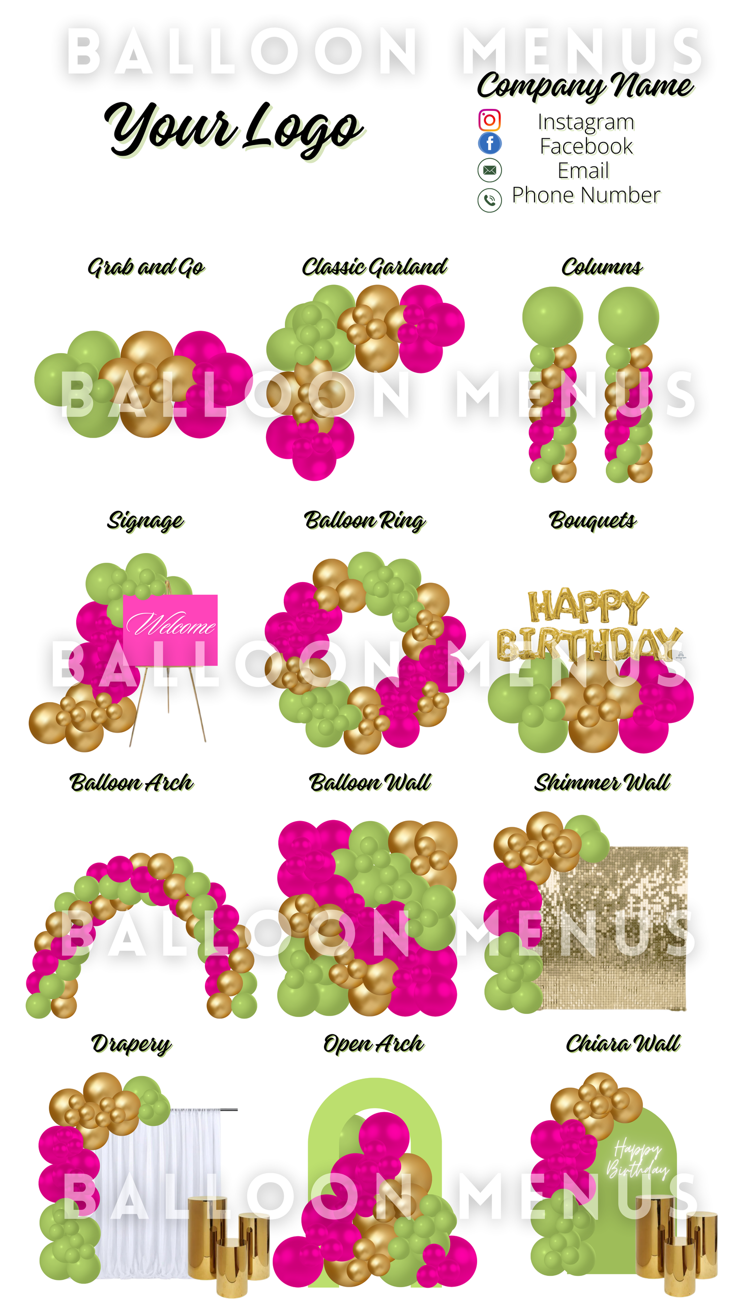 Premade Editable large Balloon Menu (Pink , Green, Gold)