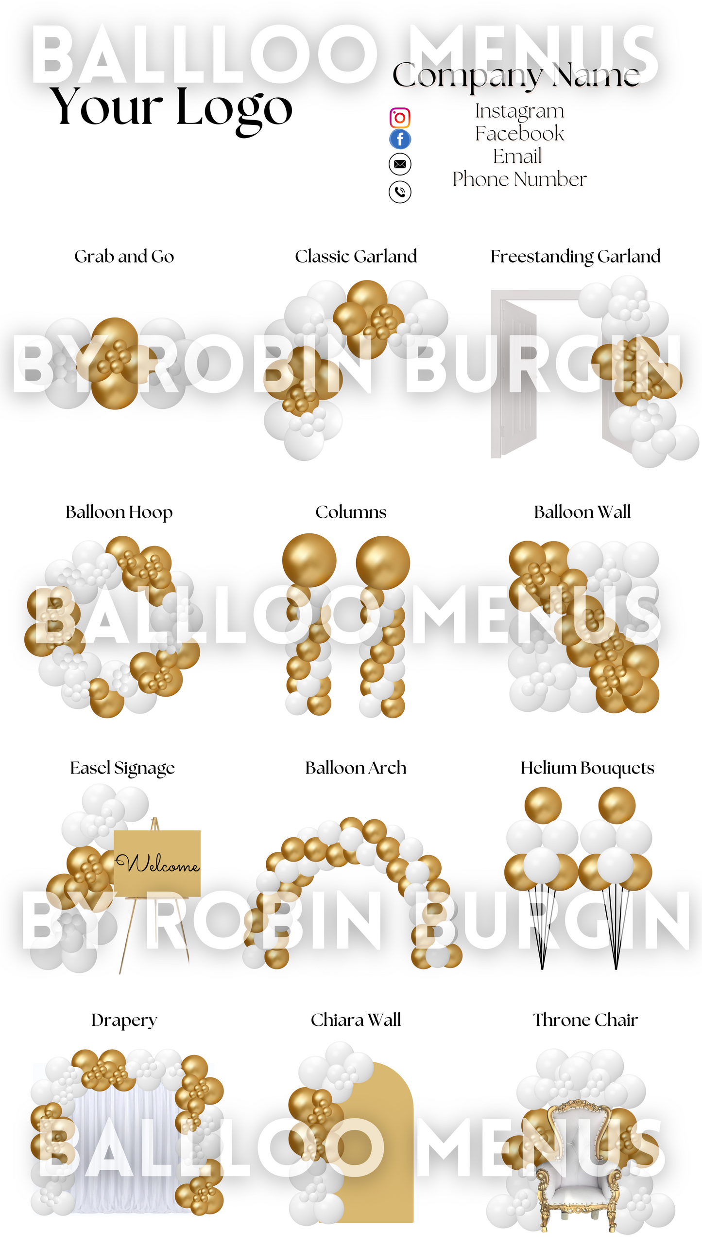 Premade Editable Large Balloon Menu- (White, Gold )
