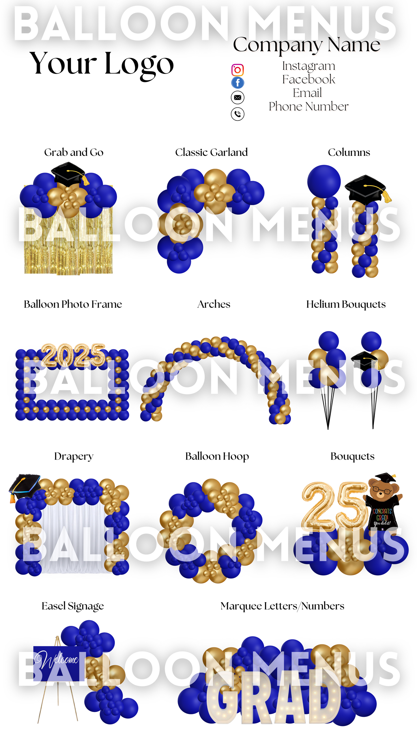 Premade Editable Large Balloon Menu- (Royal Blue, Gold ) Graduation