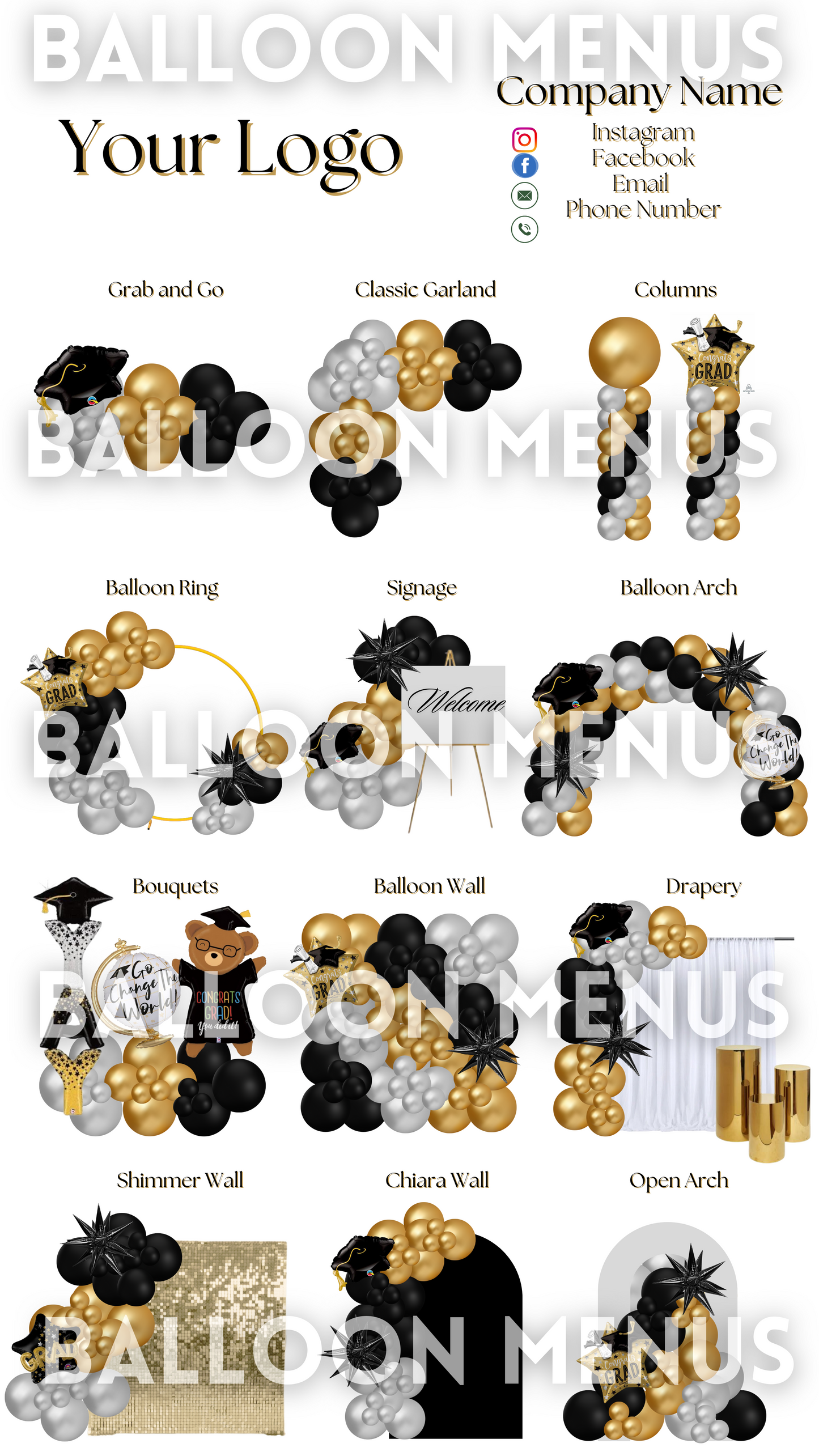 Premade Editable Large Balloon Menu- (Silver, Gold, Black ) Graduation