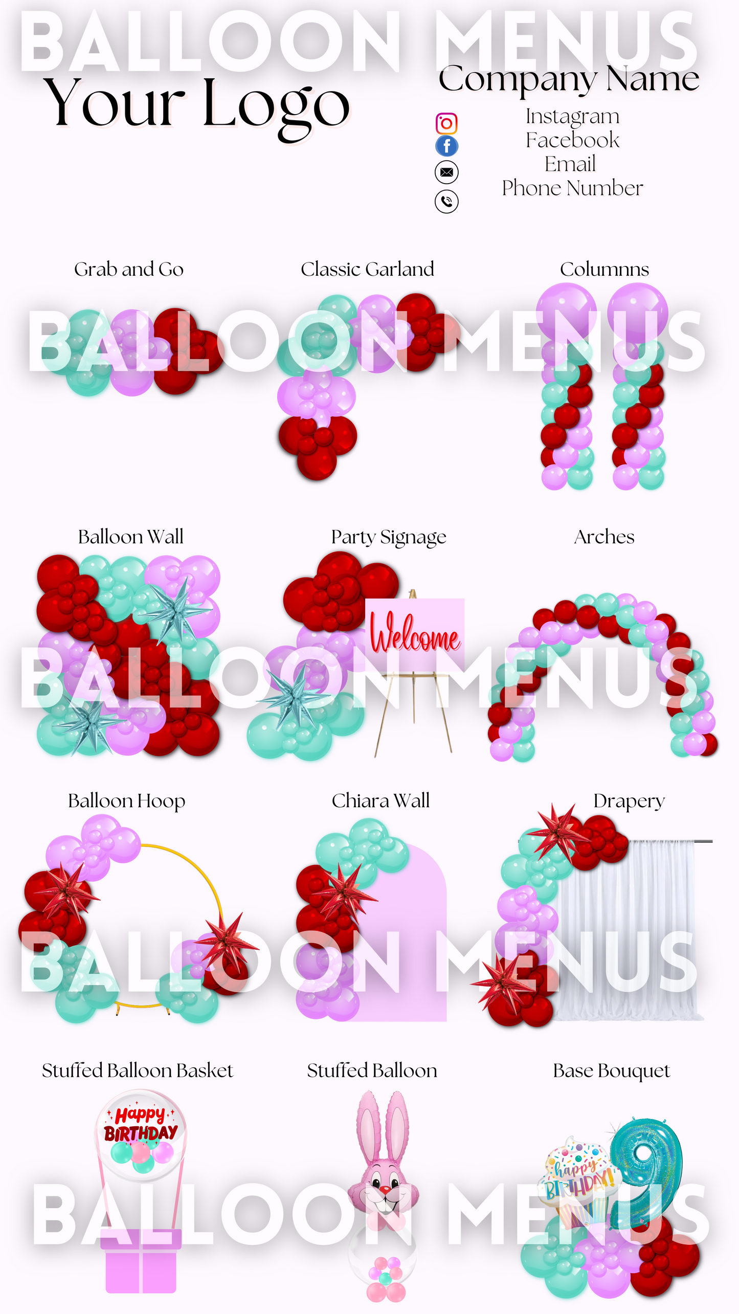 Premade Editable Large Balloon Menu- (Green , Red, Purple)
