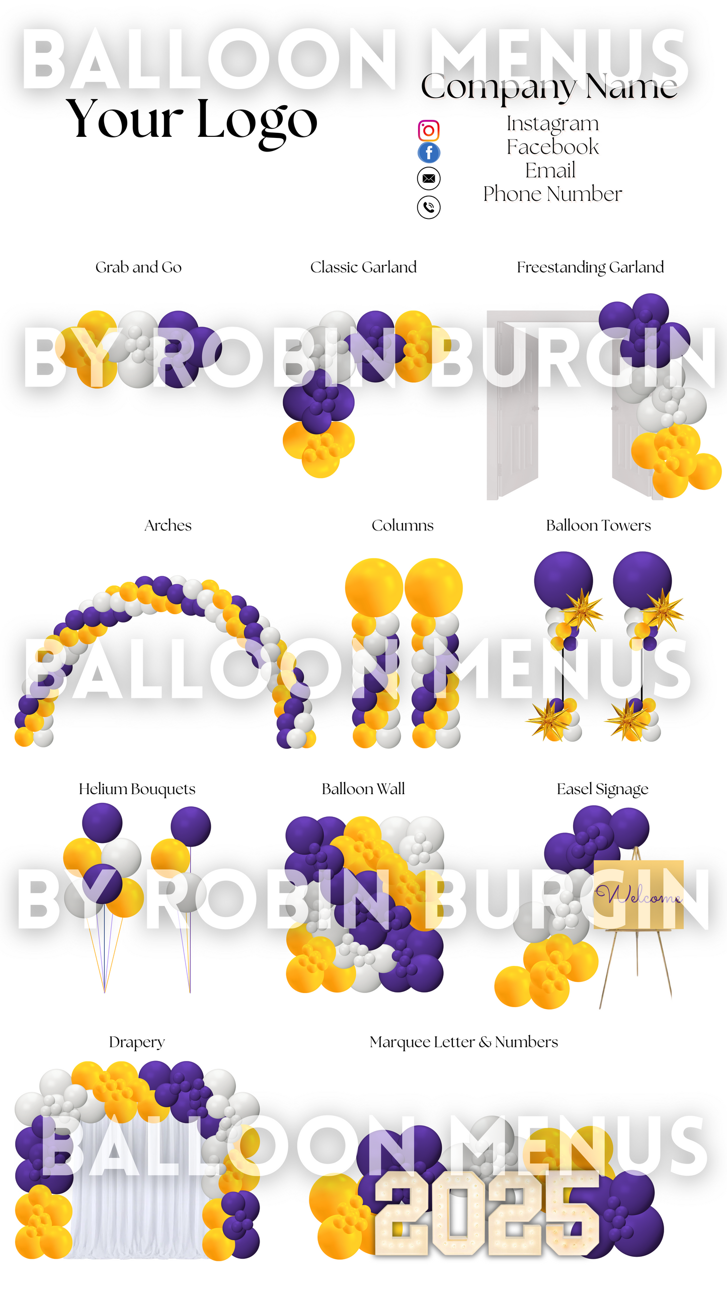 Premade Editable Large Balloon Menu- (Purple, White, Yellow)
