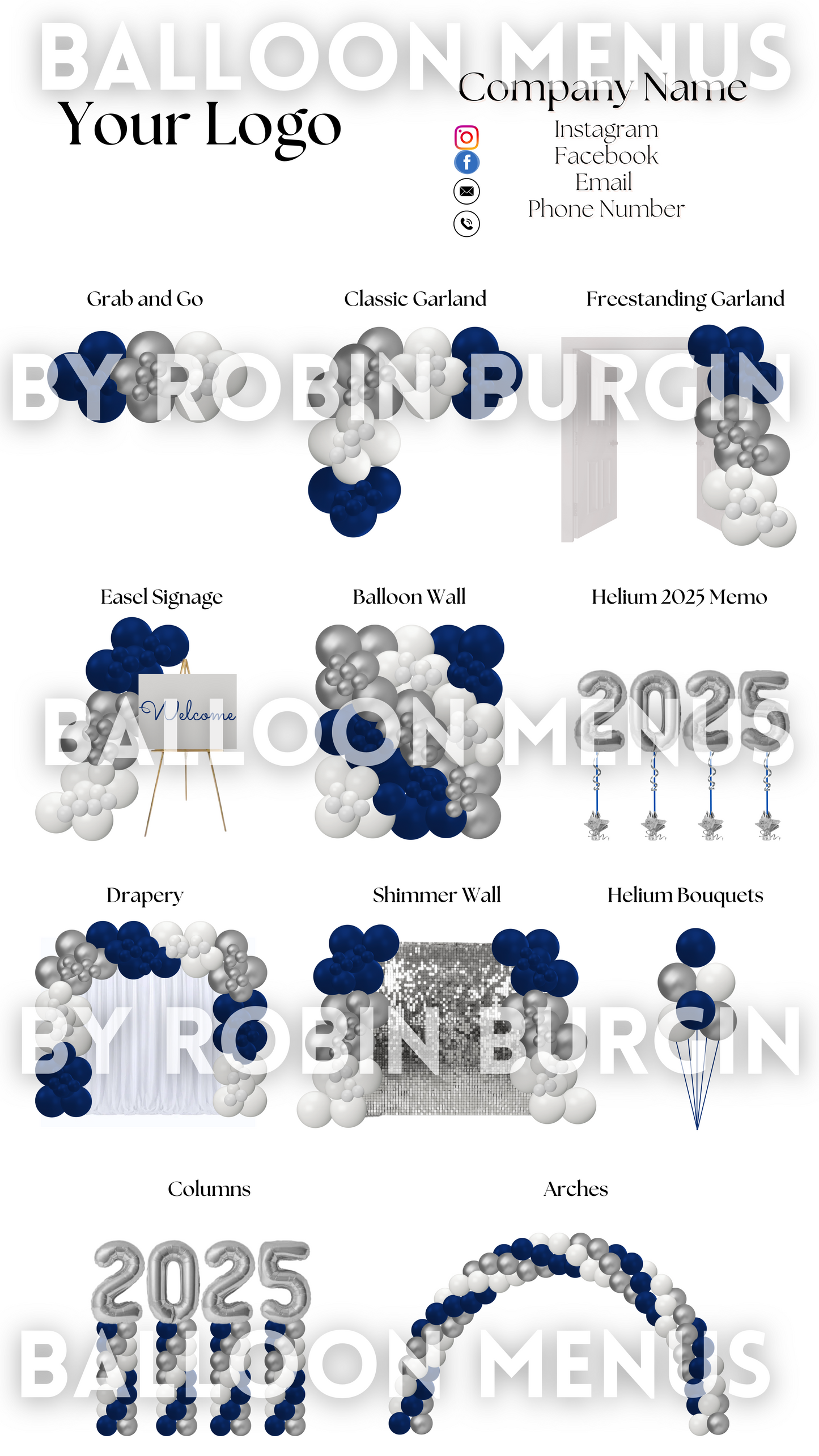 Premade Editable Large Balloon Menu- (Navy Blue, Silver , White)