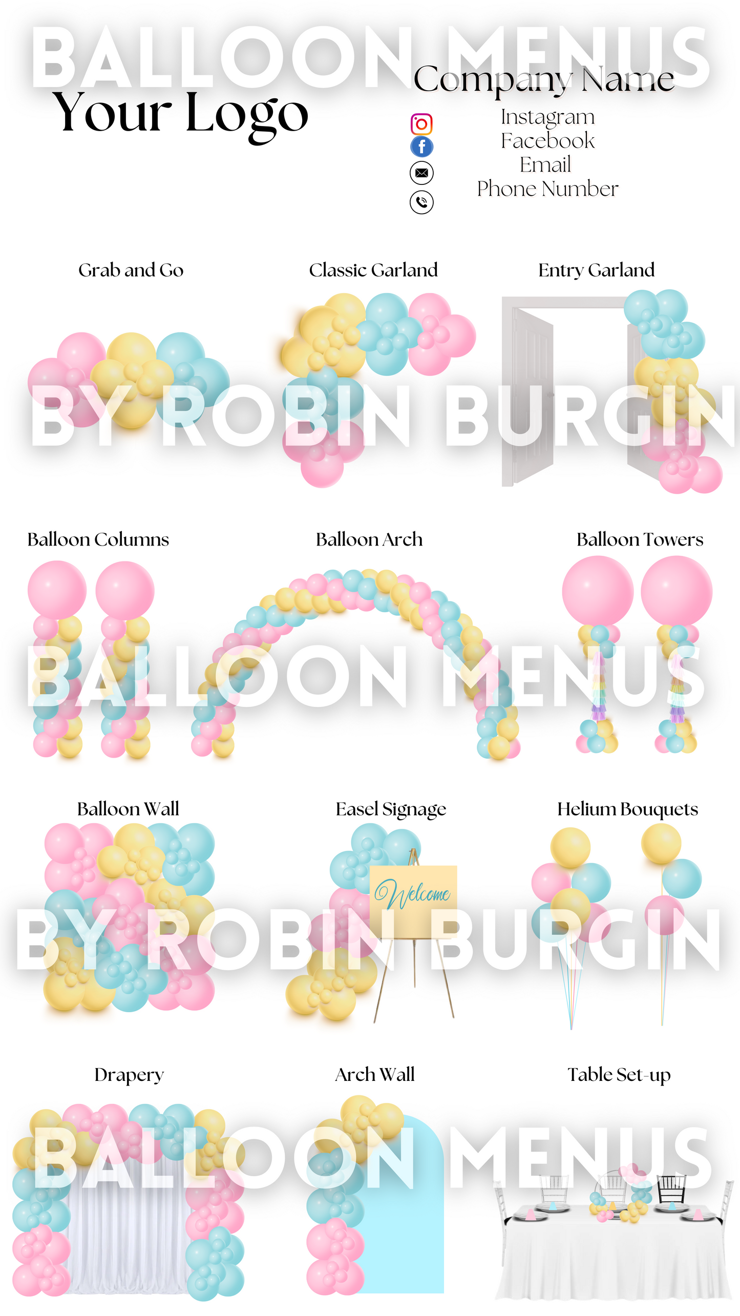 Premade Editable Large Balloon Menu- (Pink, Blue, Pink )