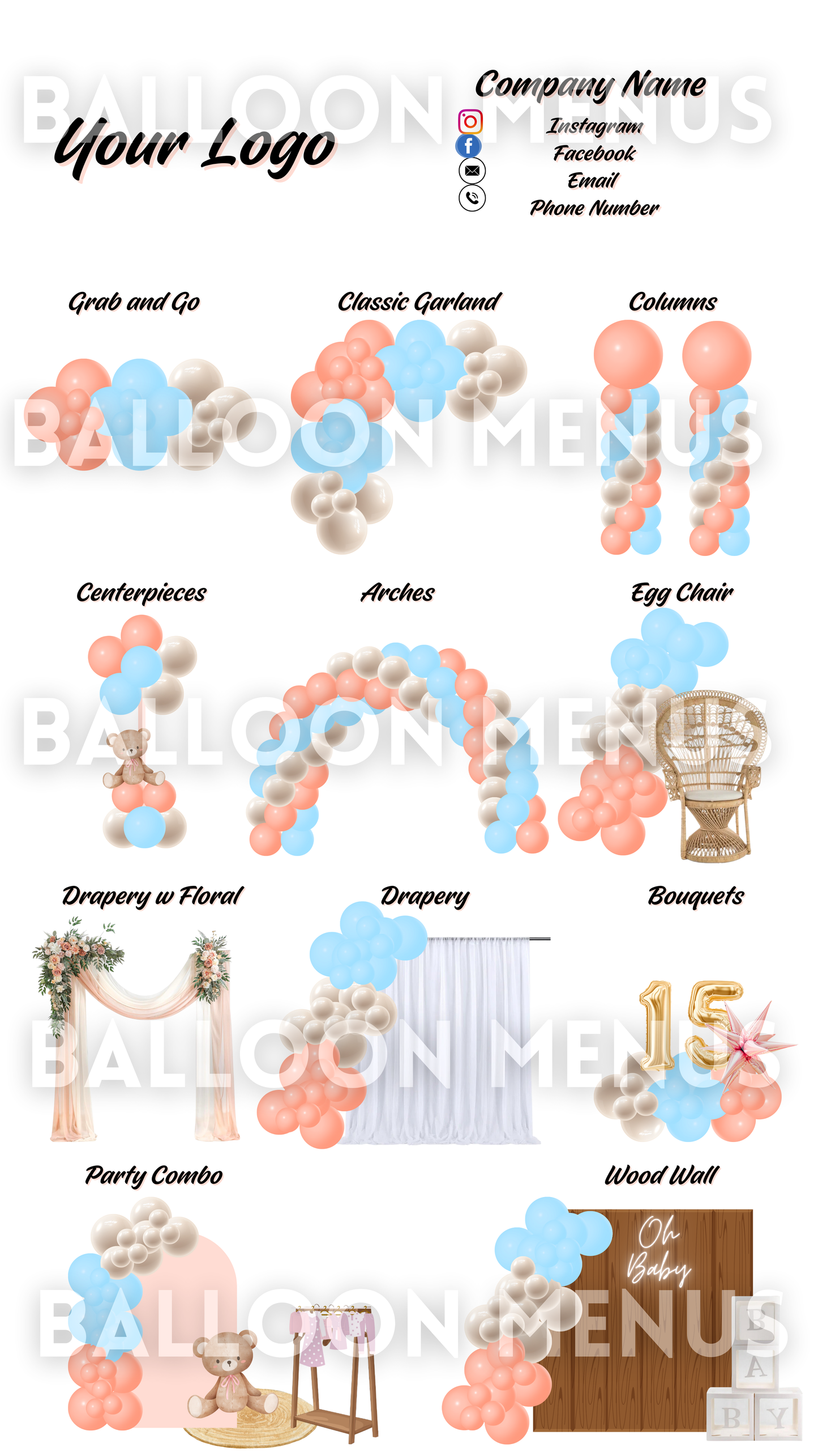 Premade Editable large Balloon Menu (Pink, Blue, Cream)
