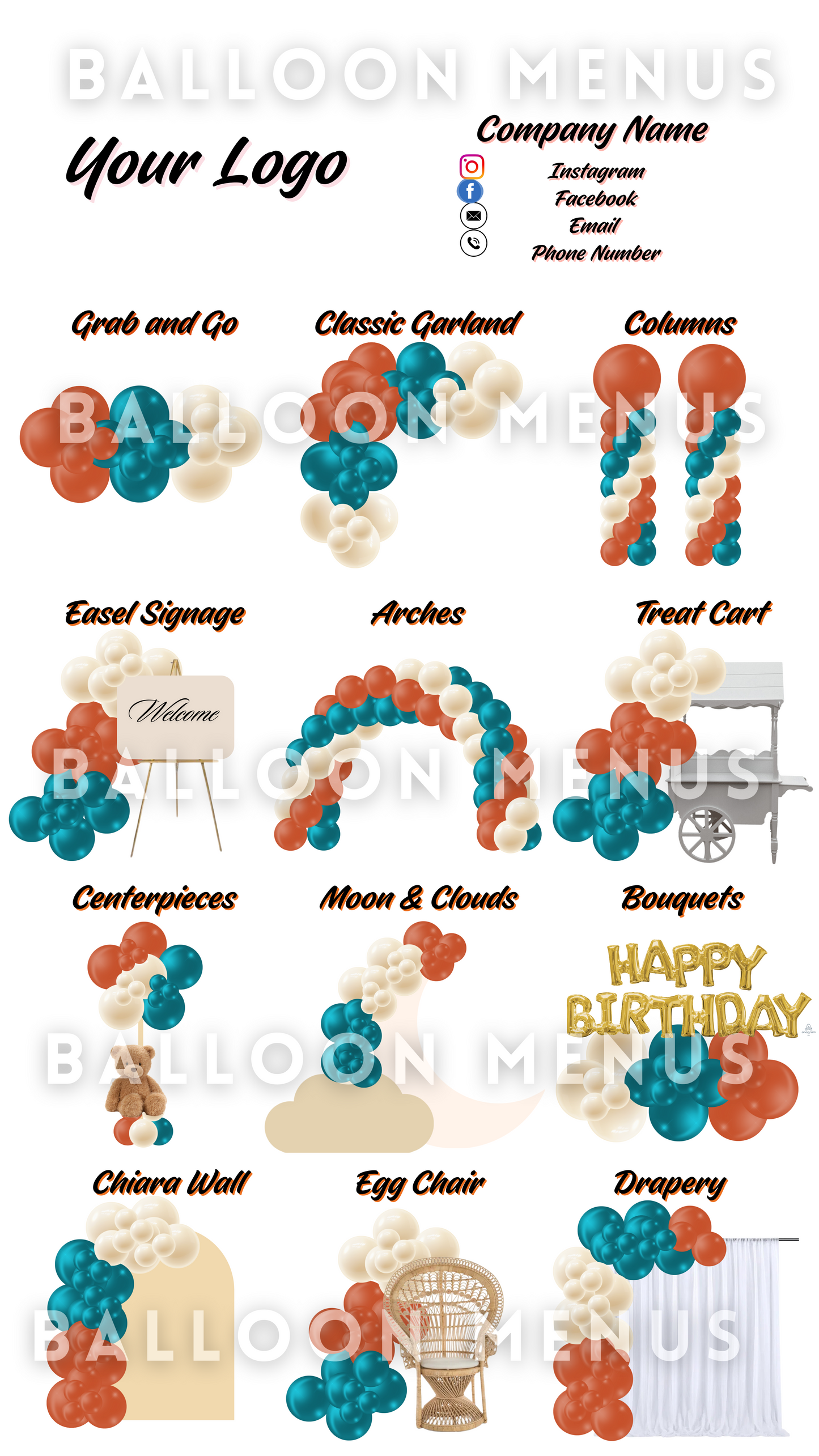 Premade Editable large Balloon Menu (Green, Orange, Beige )