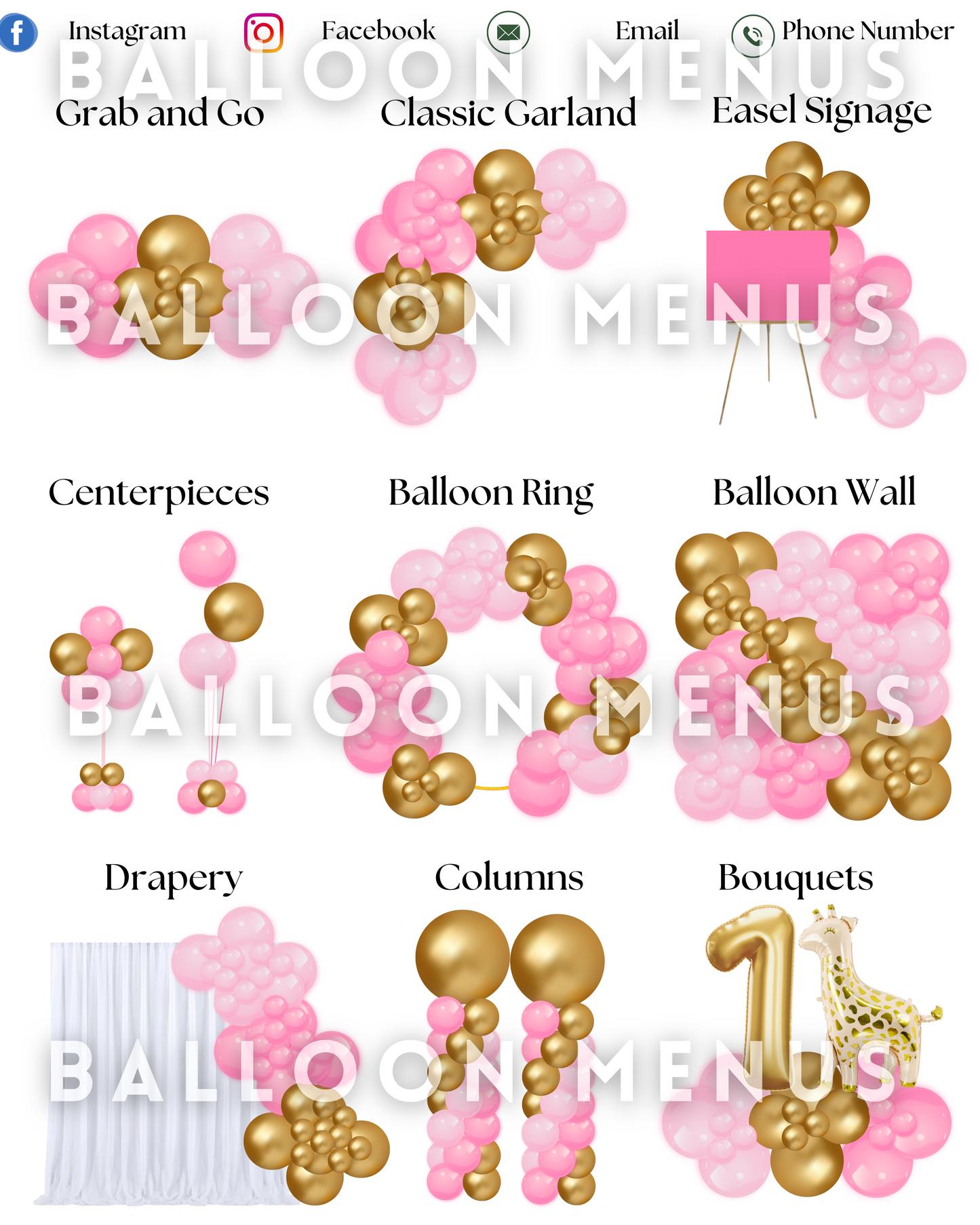 Premade Editable Medium Balloon Menu (Pink, Gold)