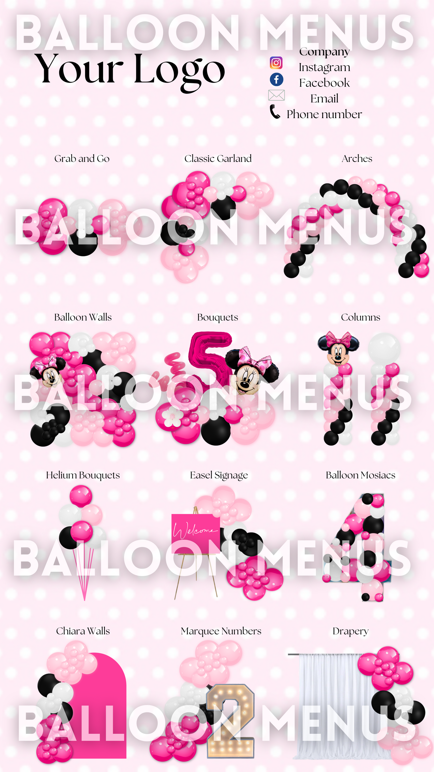 Premade Editable Large Balloon Menu Minnie Mouse Theme - (White, Pink, Black)