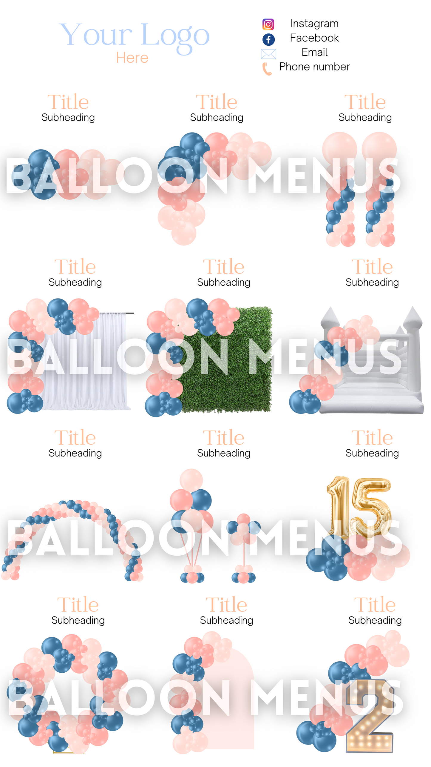 Premade Editable large Balloon Menu (Blue, Peach, Pink)