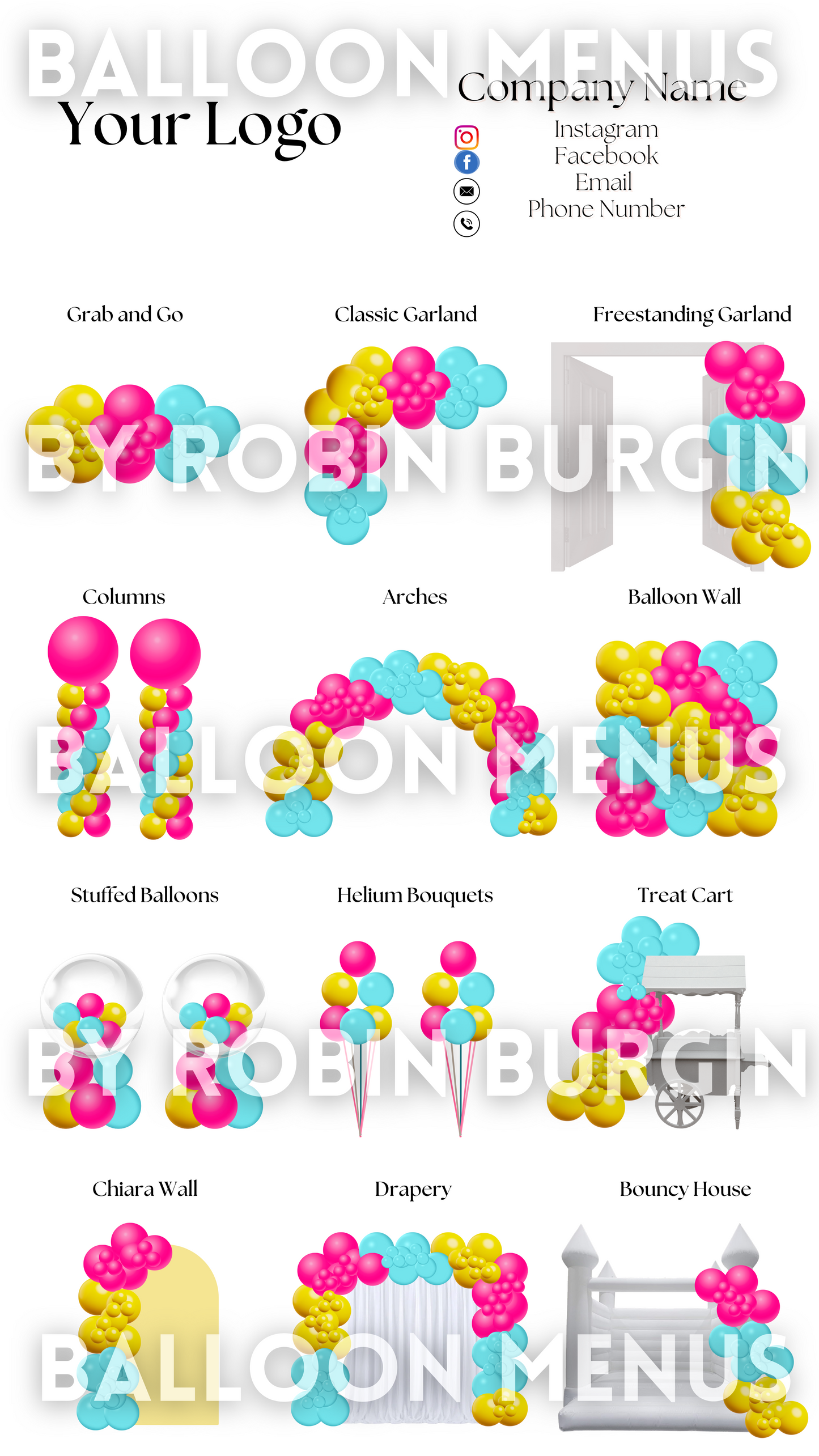 Premade Editable Large Balloon Menu- (Pink, Blue, Yellow)