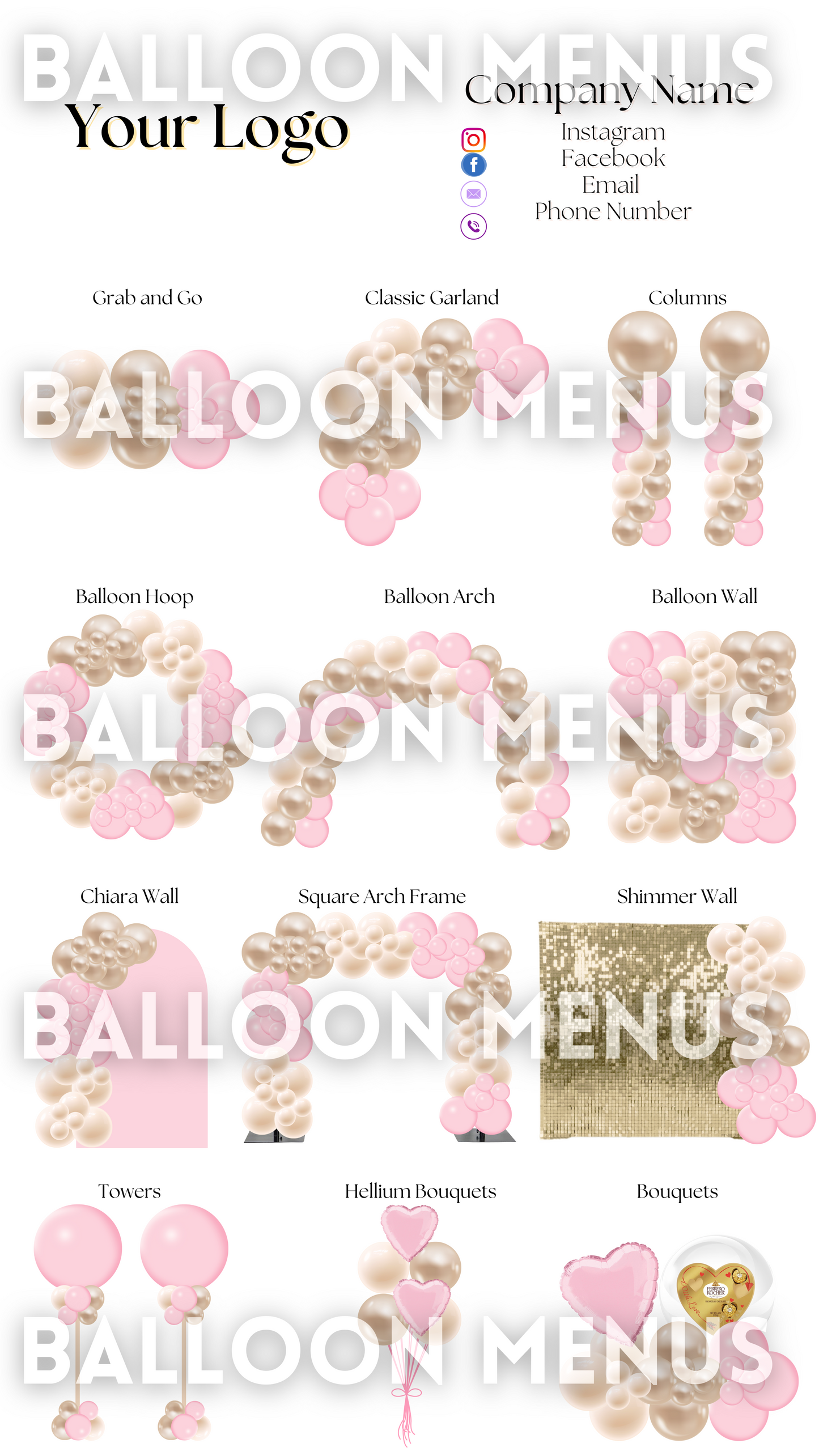 Premade Editable Large Balloon Menu- (Pink , Cream )