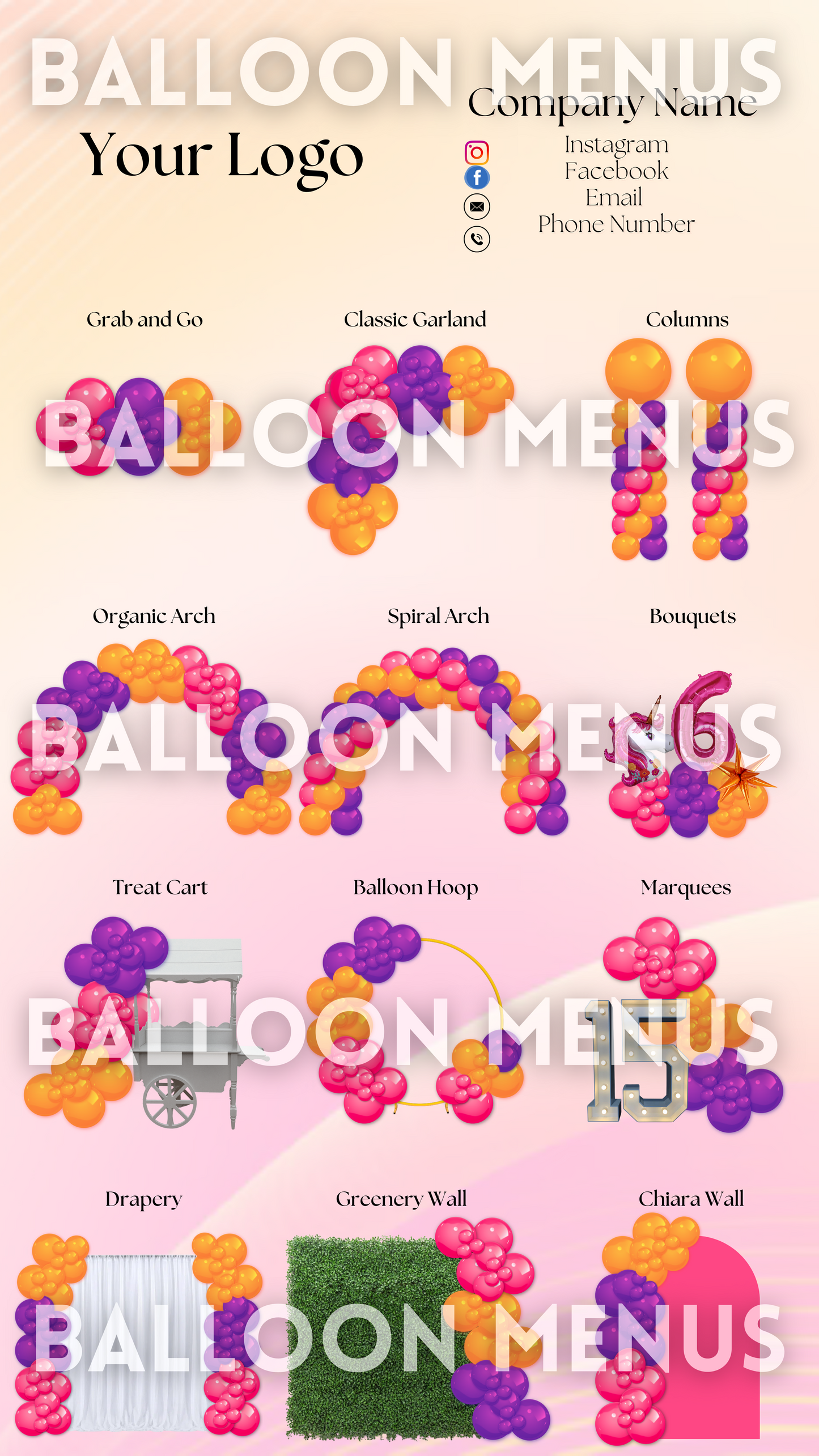 Premade Editable Balloon Menu- (Pink, Purple and Orange )
