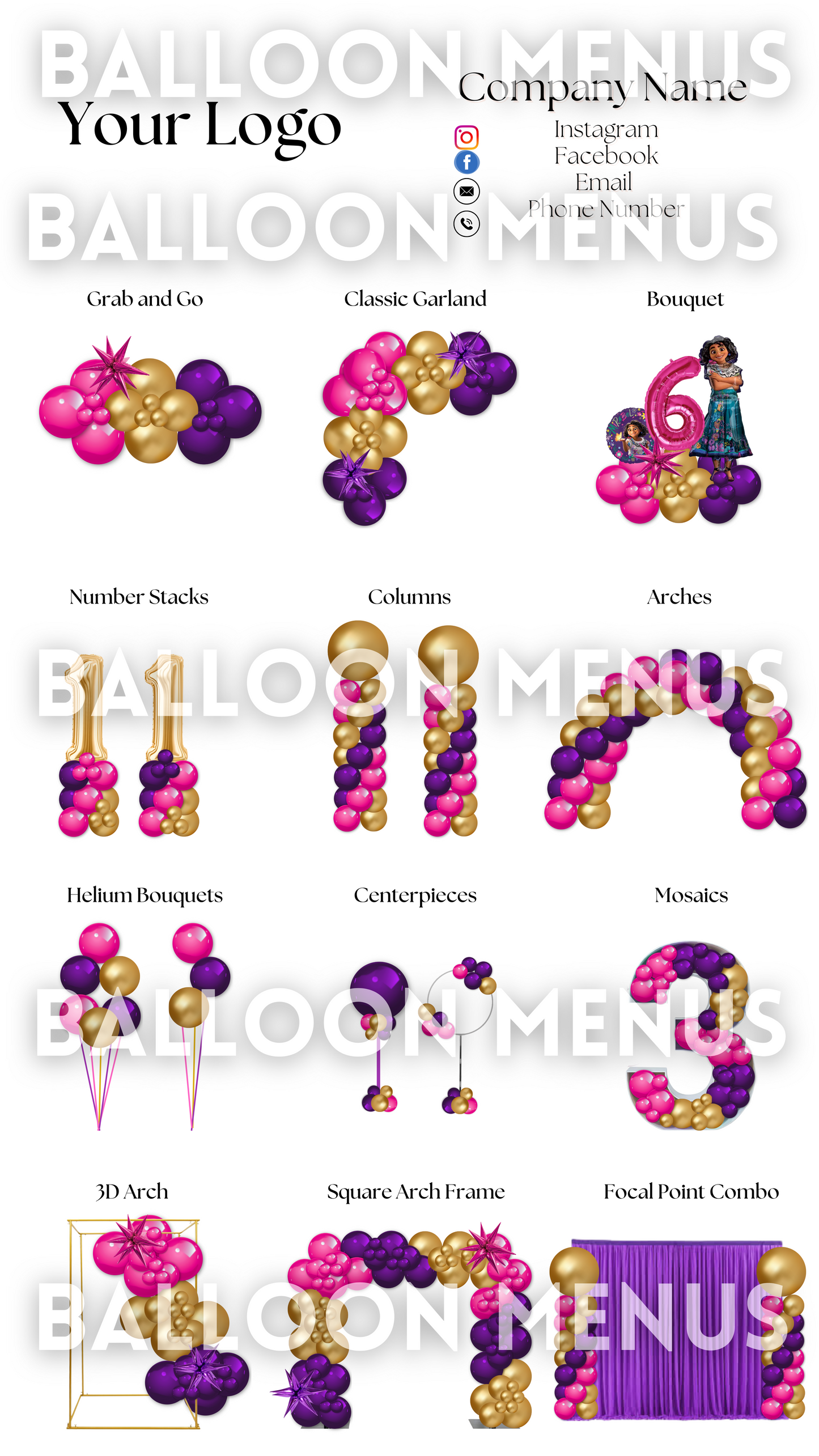 Premade Editable Large Balloon Menu- (Purple, Gold, Pink)