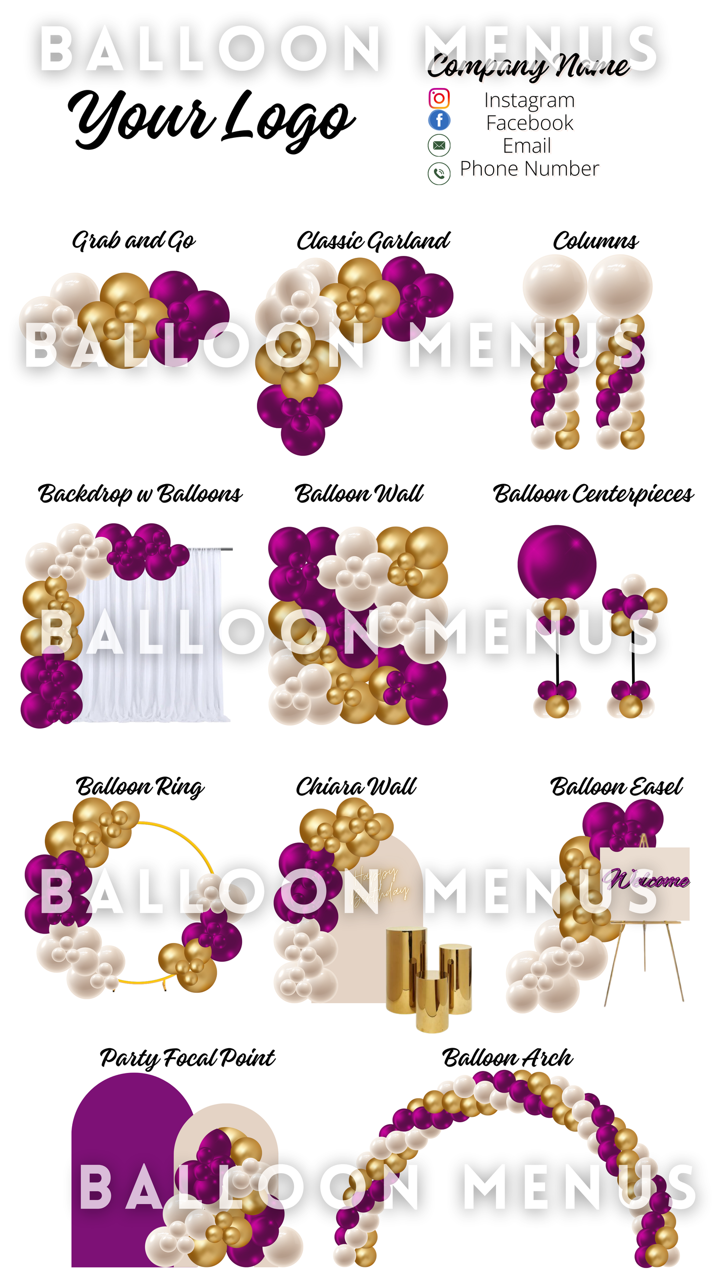 Premade Editable large Balloon Menu (Purple, Gold, Cream)