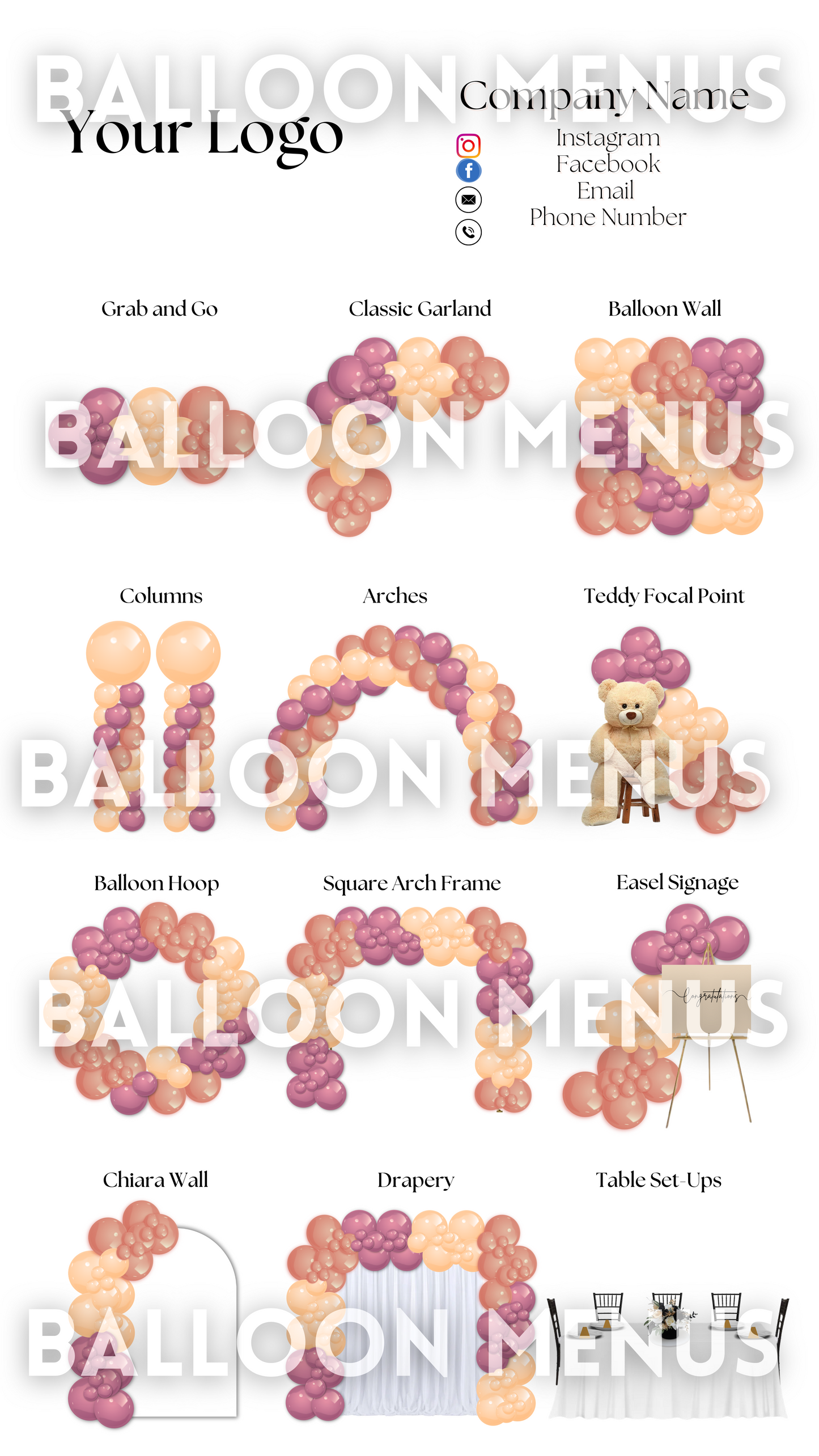 Premade Editable Large Balloon Menu- (Rose Gold , Peach )