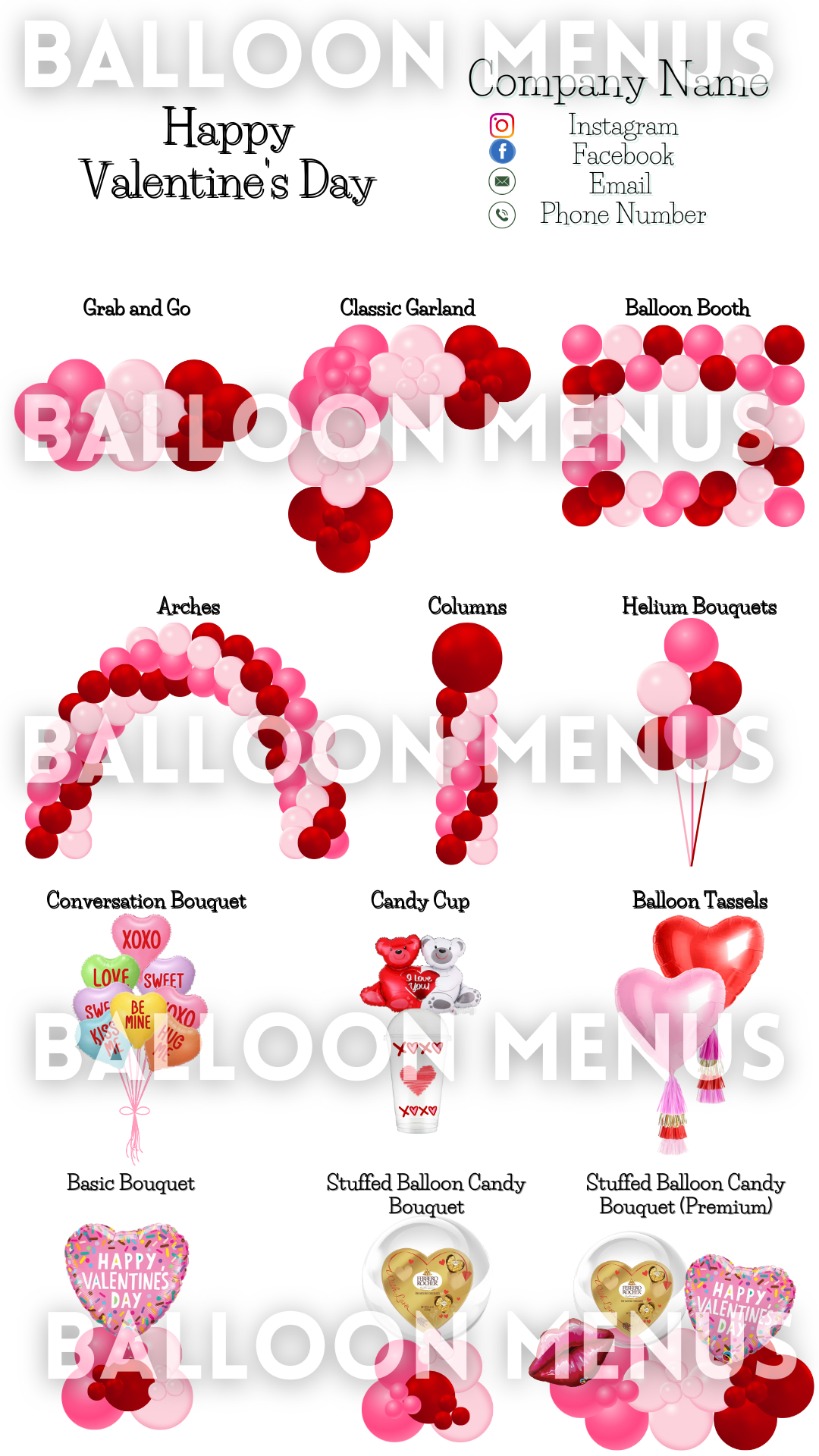 Valentine’s Day Seasonal Premade Editable Balloon Menu
