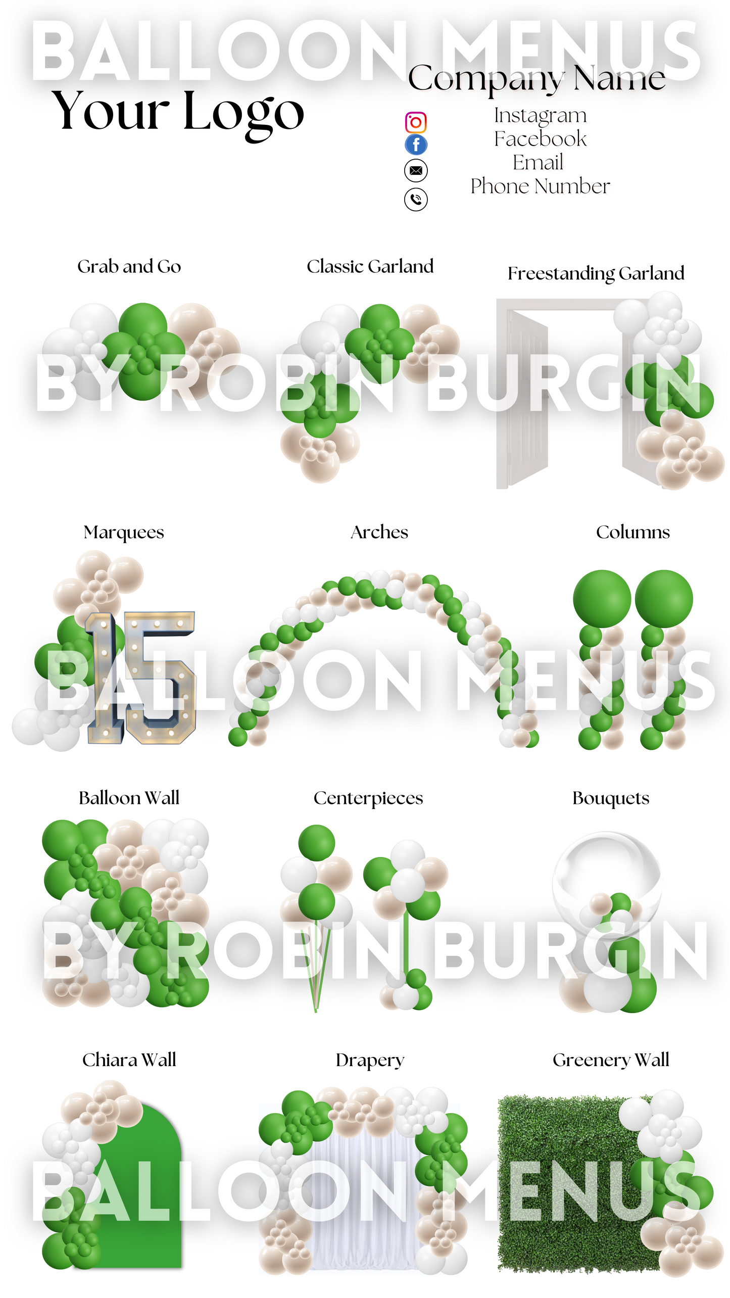 Premade Editable Large Balloon Menu- (Green , Beige, White)
