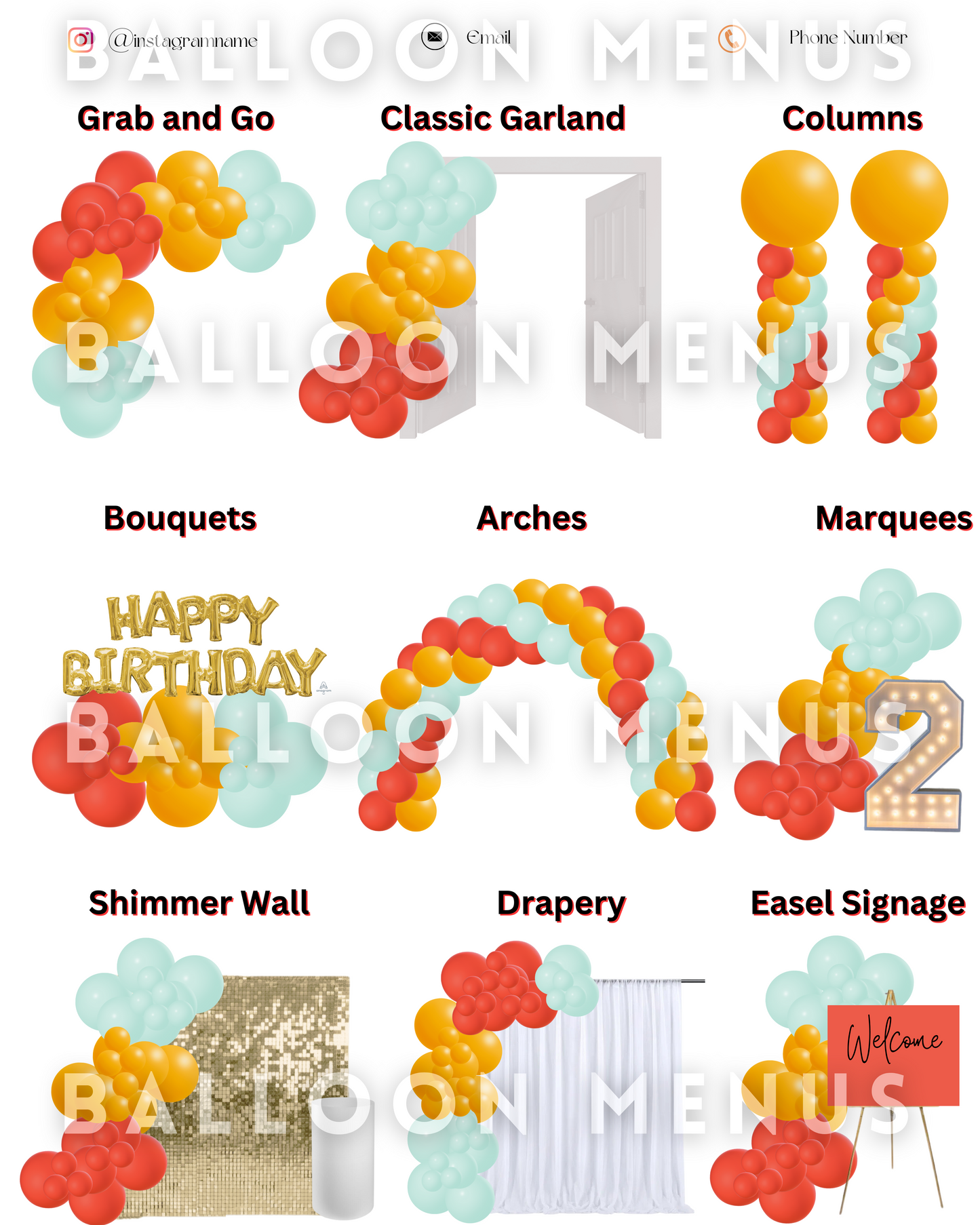 Premade Editable large Balloon Menu ( Red, Blue, Orange)