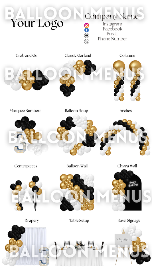 Premade Editable Small Balloon Menu- (Black, White and Gold )