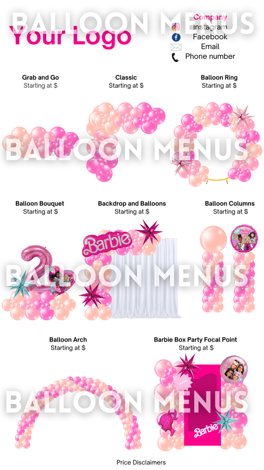 Premade Editable Balloon Menu- Barbie Theme