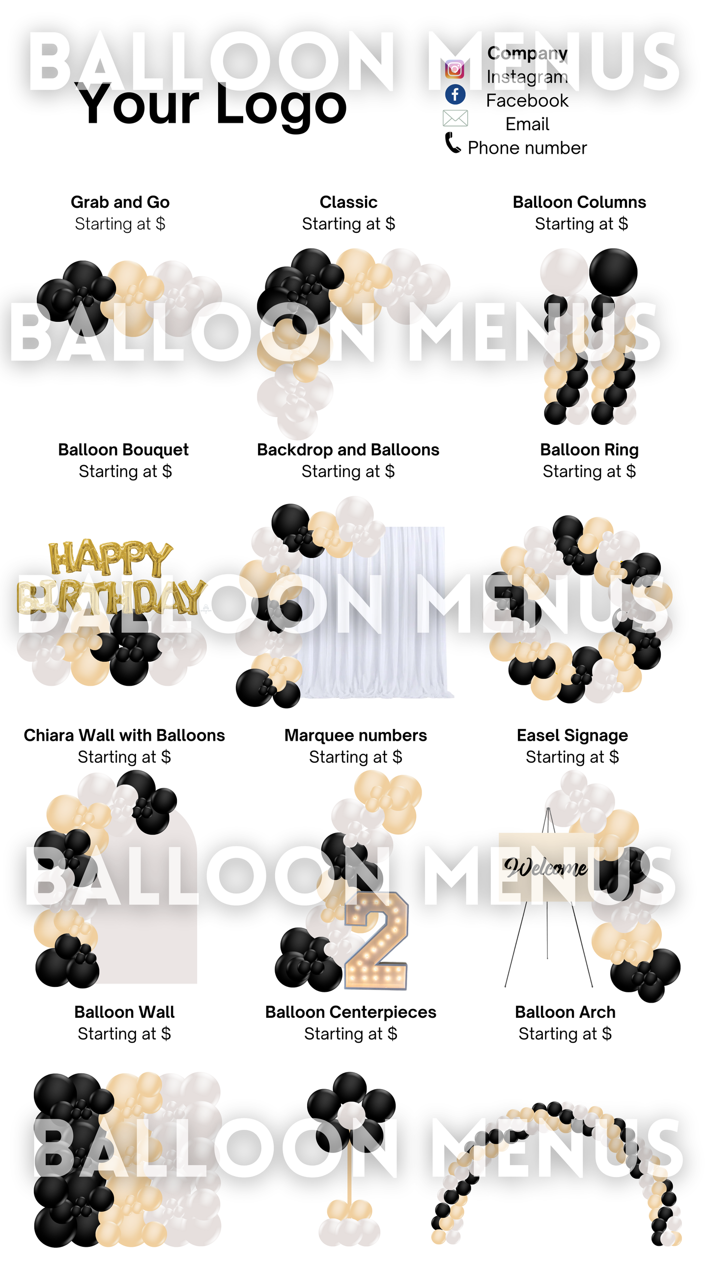 Premade Editable large Balloon Menu - Black, Cream, White
