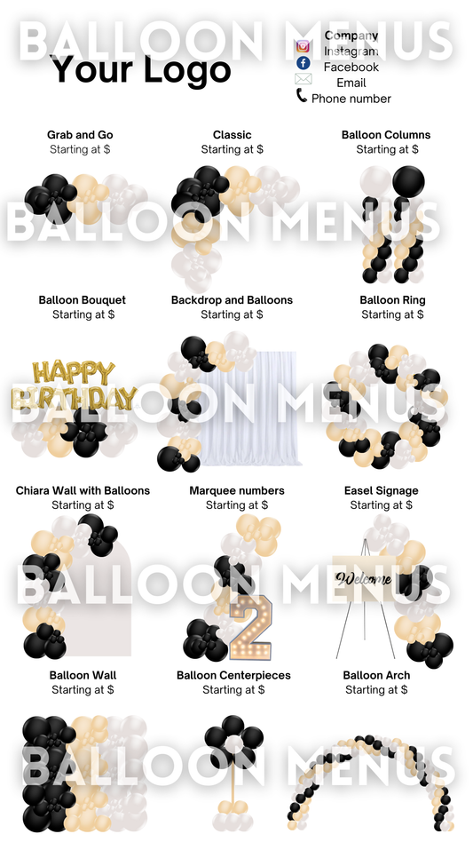 Premade Editable large Balloon Menu - Black, Cream, White