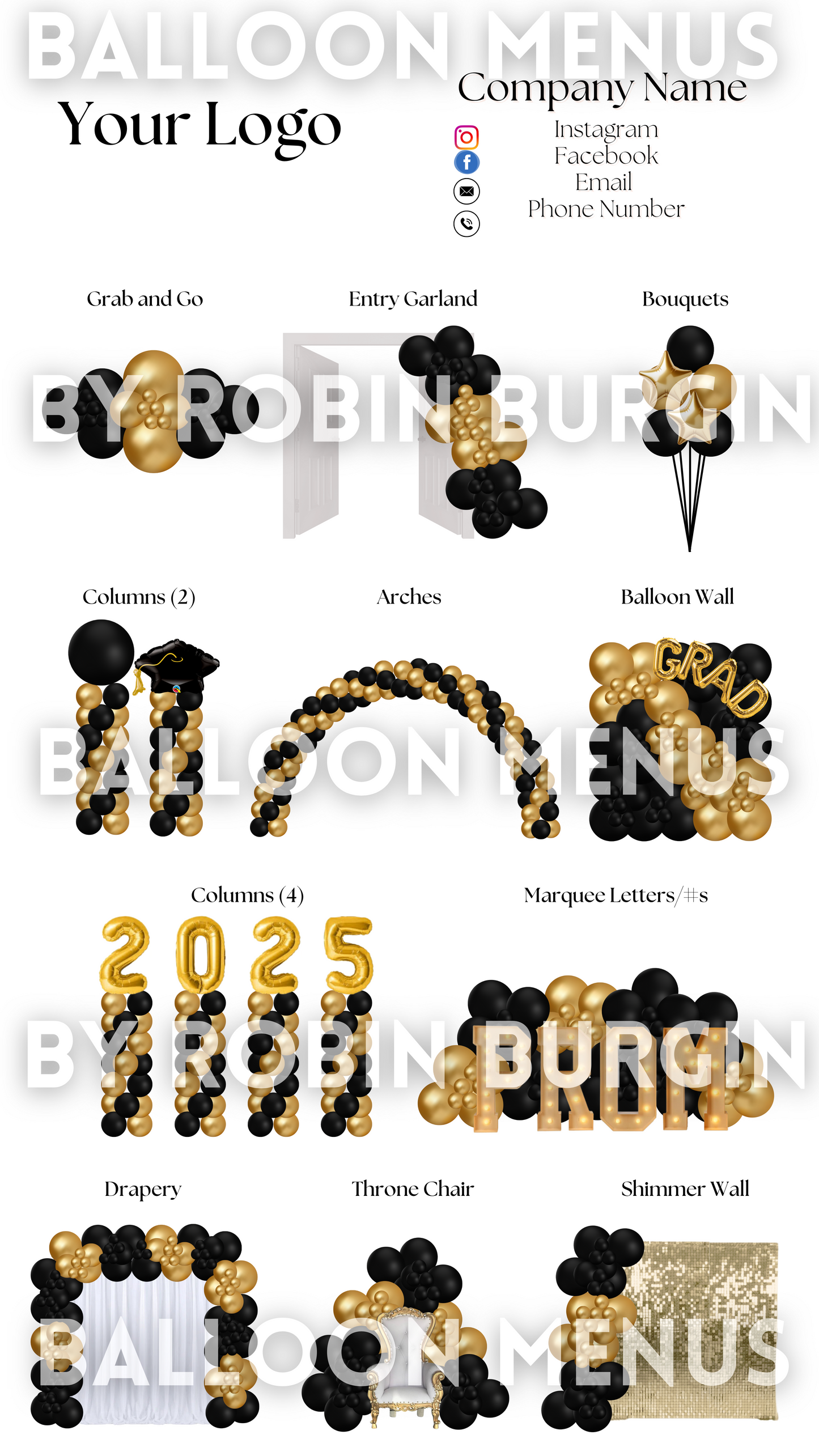 Premade Editable Large Balloon Menu- (Black, Gold ) Graduation