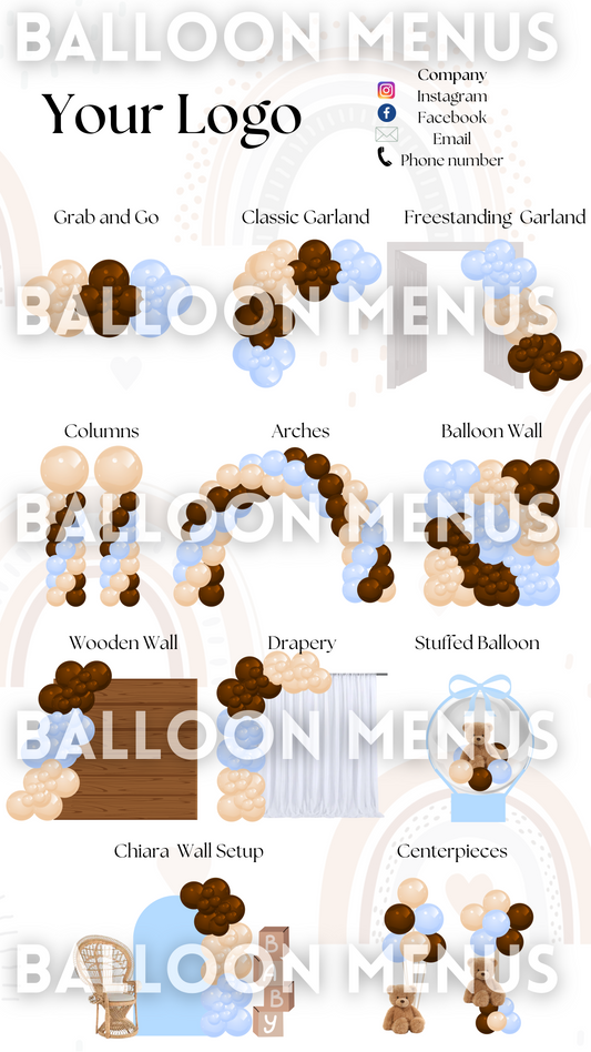 Premade Editable Large Balloon Menu- (Blue, Brown, Cream)
