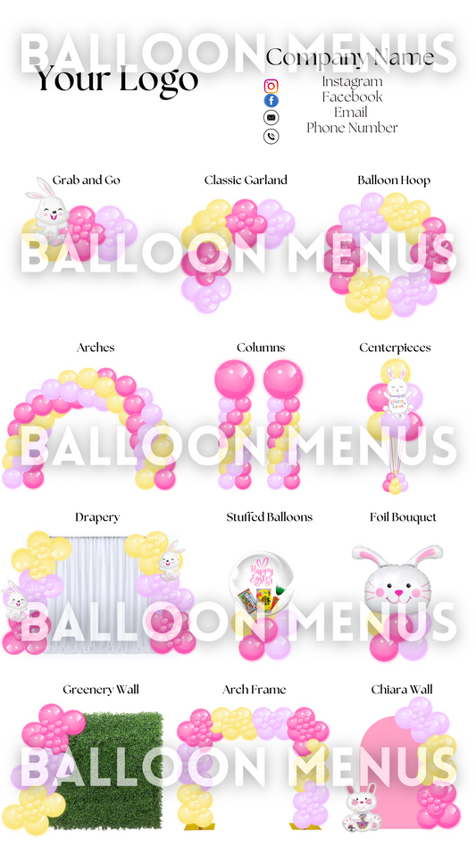 Easter Seasonal Premade Editable Balloon Menu - Pink, Yellow, Purple