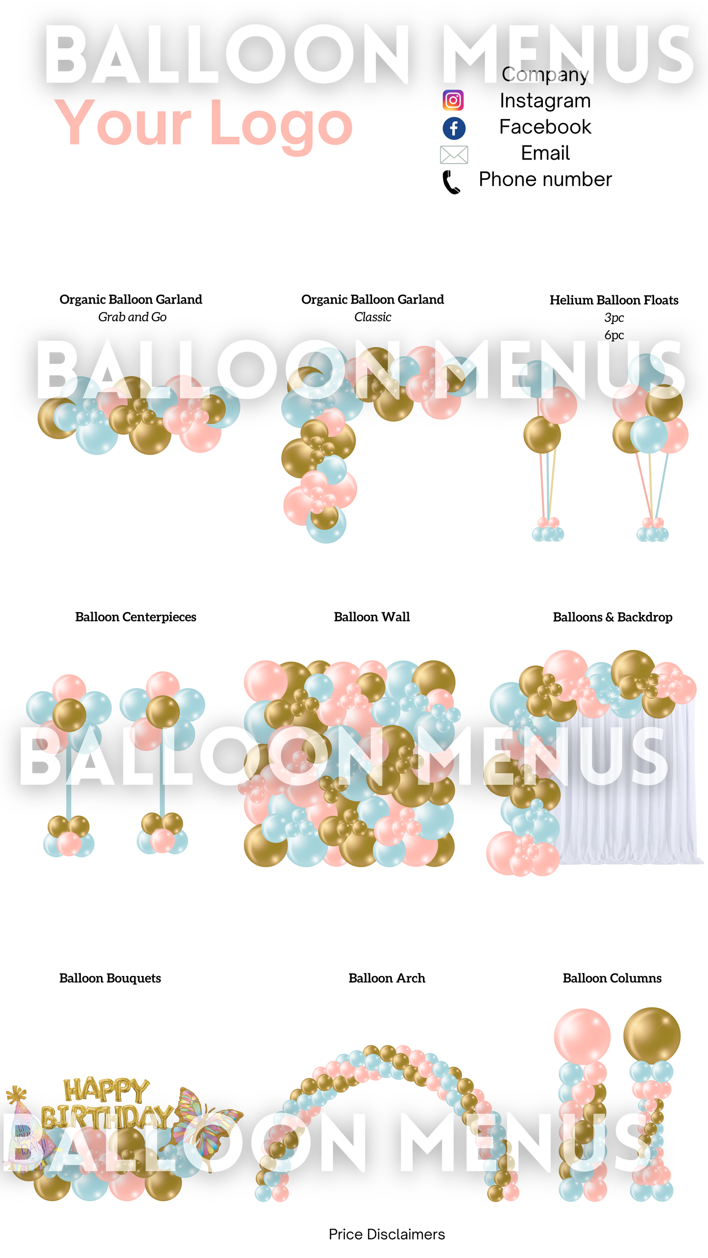 Premade Editable Balloon Menu -Pink , Blue and Gold