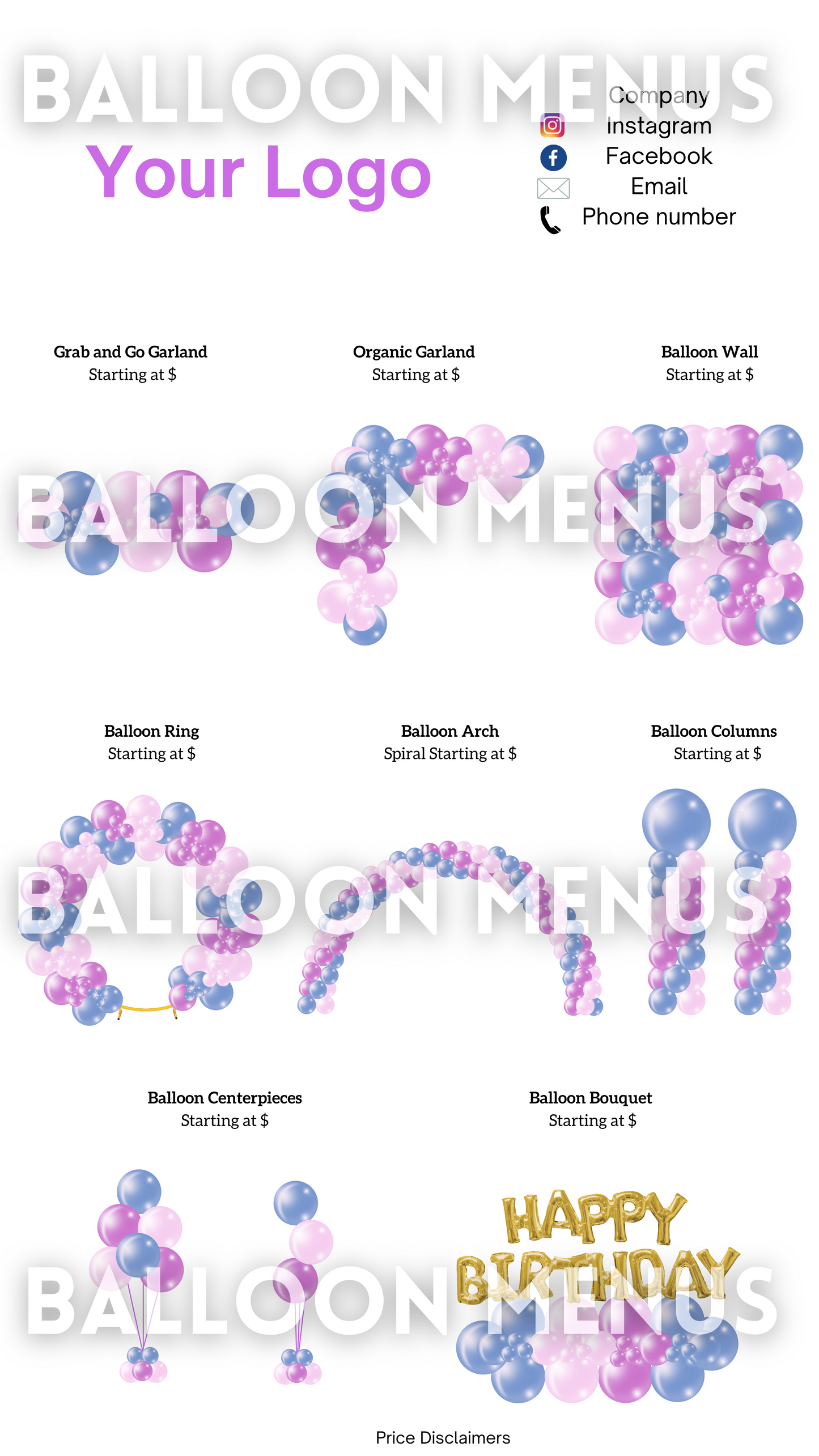 Premade Editable Balloon Menu Template-Pink, Purple, Blue