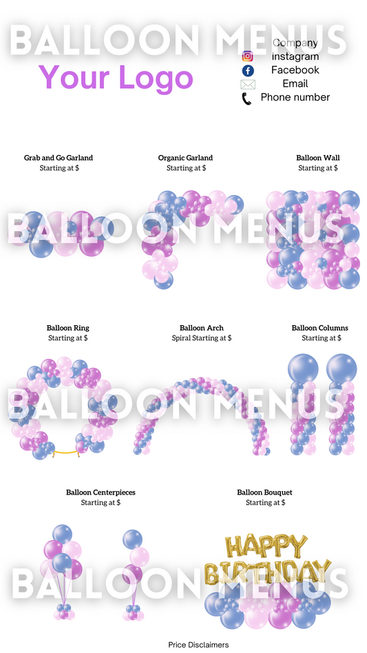 Premade Editable Balloon Menu Template-Pink, Purple, Blue