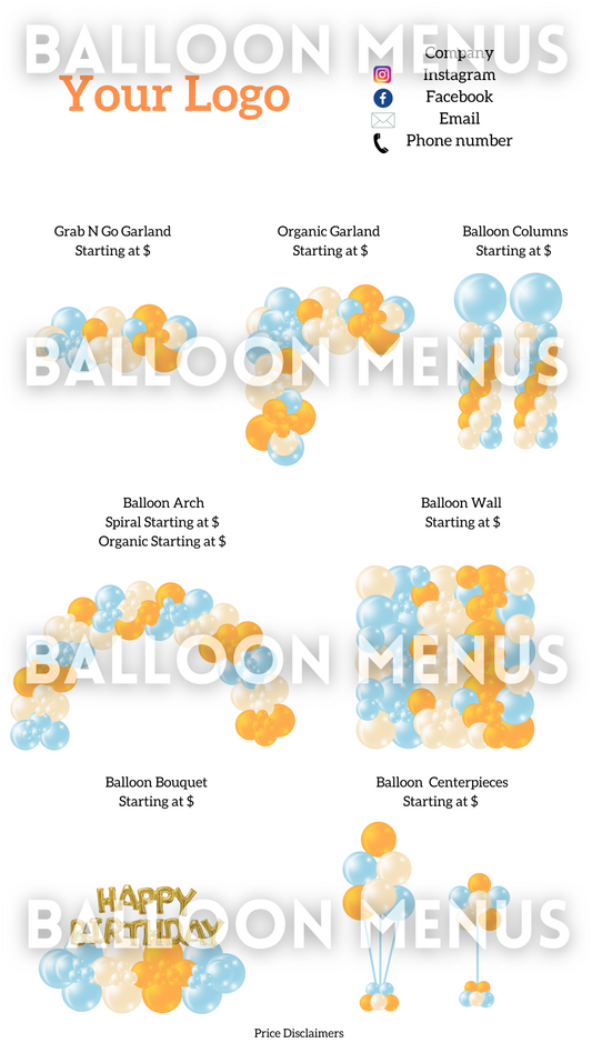 Premade Editable Balloon Menu - Orange, Cream, Blue