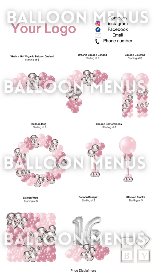 Premade Editable Balloon Menu -Pink ,Blush, Silver