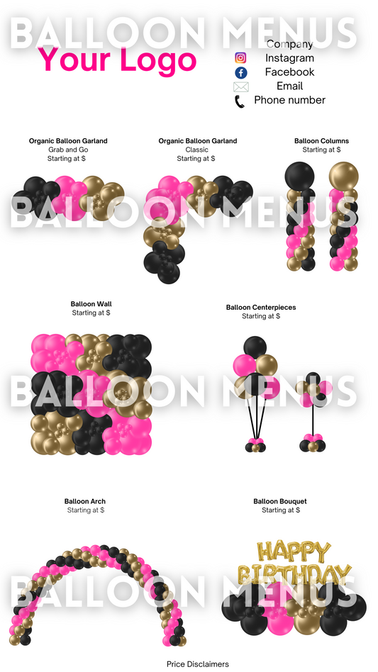 Premade Editable Balloon Menu - Pink, Black, Gold