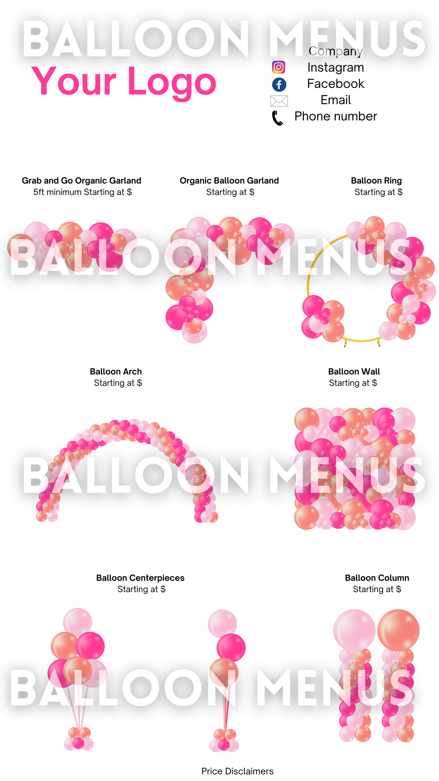 Premade Editable Balloon Menu - Pink, Orange, Hot Pink