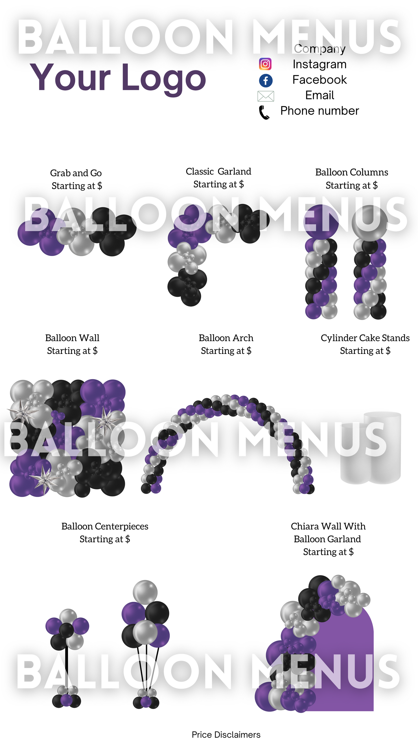 Premade Editable Balloon Menu Template-  Purple, Black, Silver