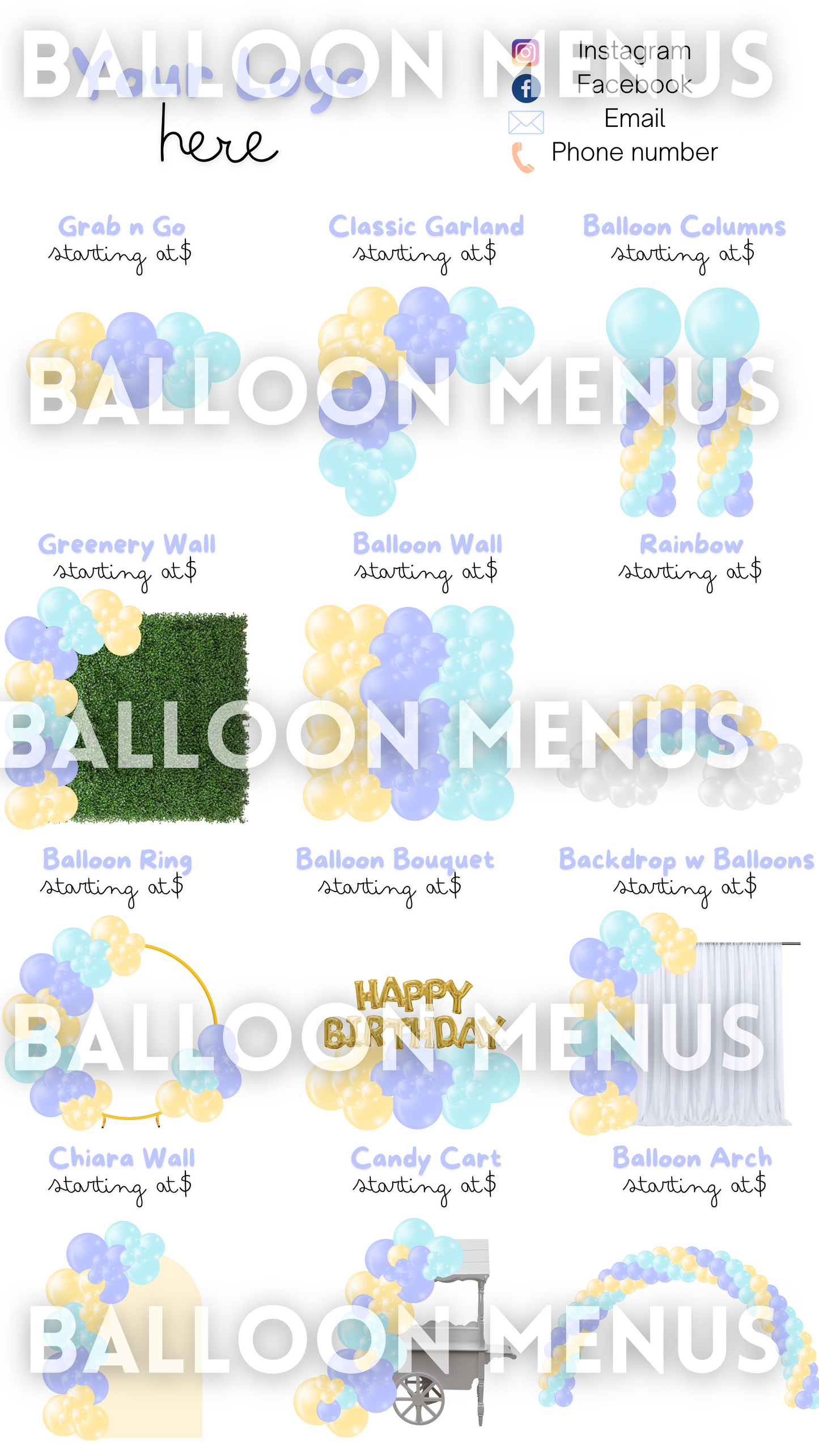 Editable , Printable , Shareable Balloon Menu Template- Purple, Yellow, Blue