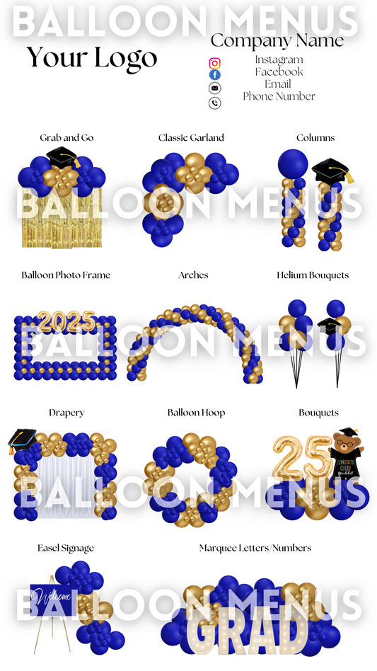 Premade Editable Large Balloon Menu- (Royal Blue, Gold ) Graduation