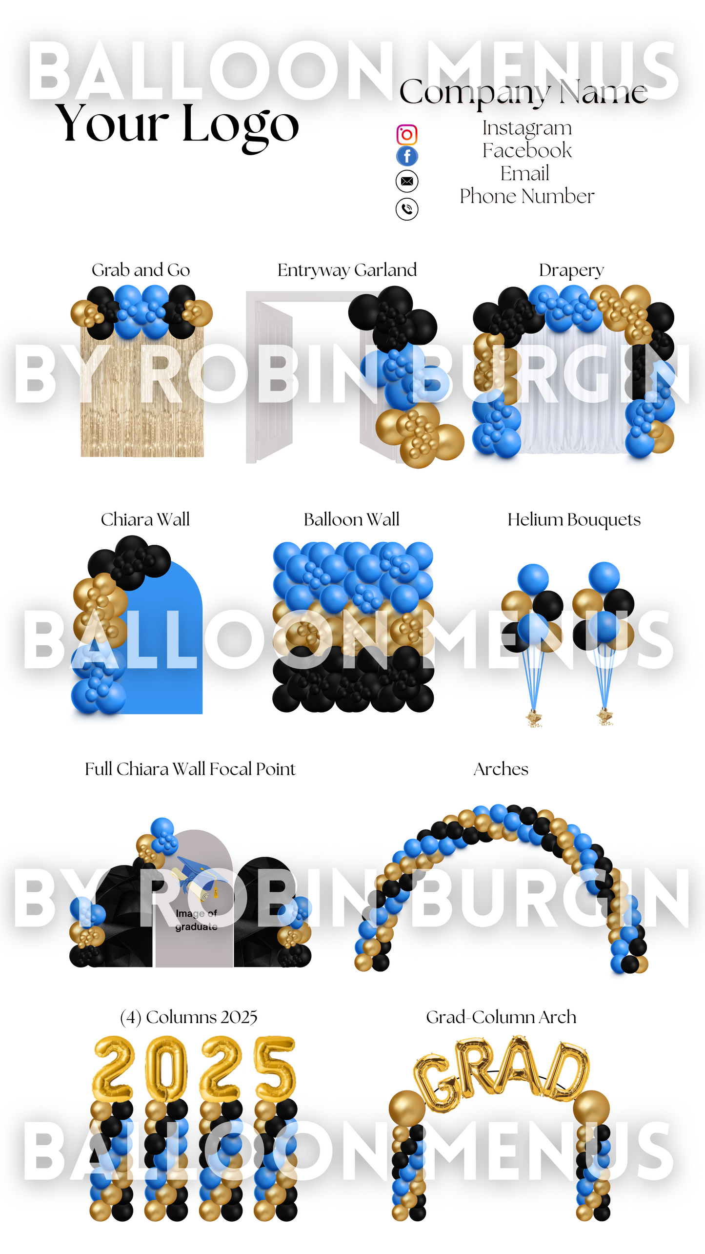 Premade Editable Large Balloon Menu- (Black, Blue, Gold ) Graduation
