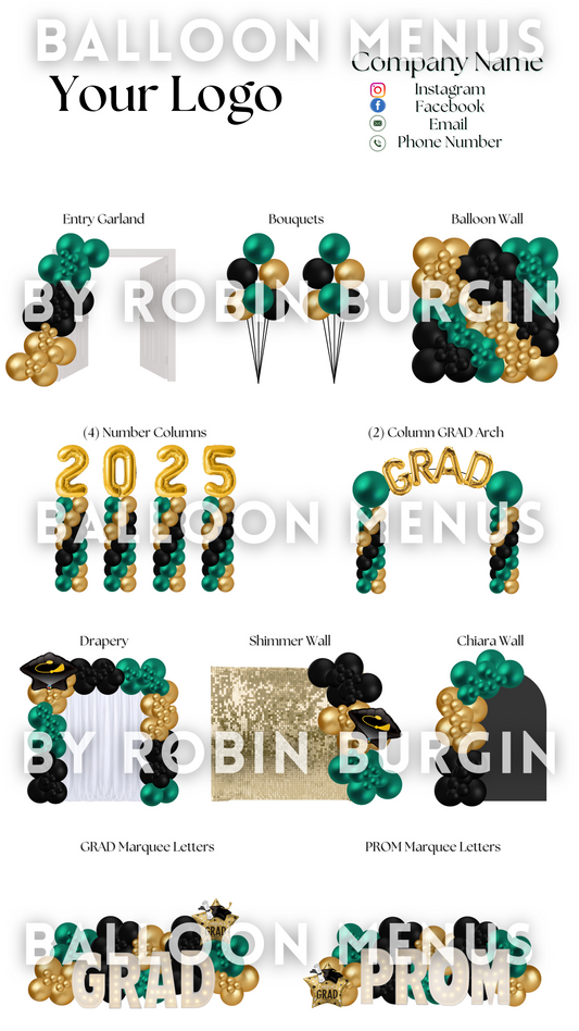 Premade Editable Large Balloon Menu- (Green, Gold ) Graduation