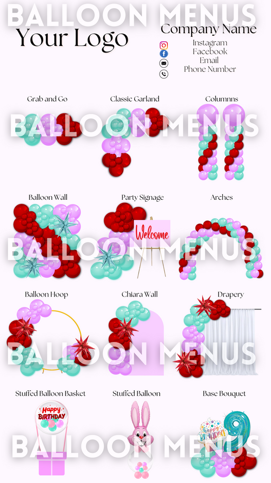 Premade Editable Large Balloon Menu- (Green , Red, Purple)