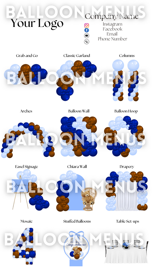 Premade Editable Large Balloon Menu- (Blue , Brown)