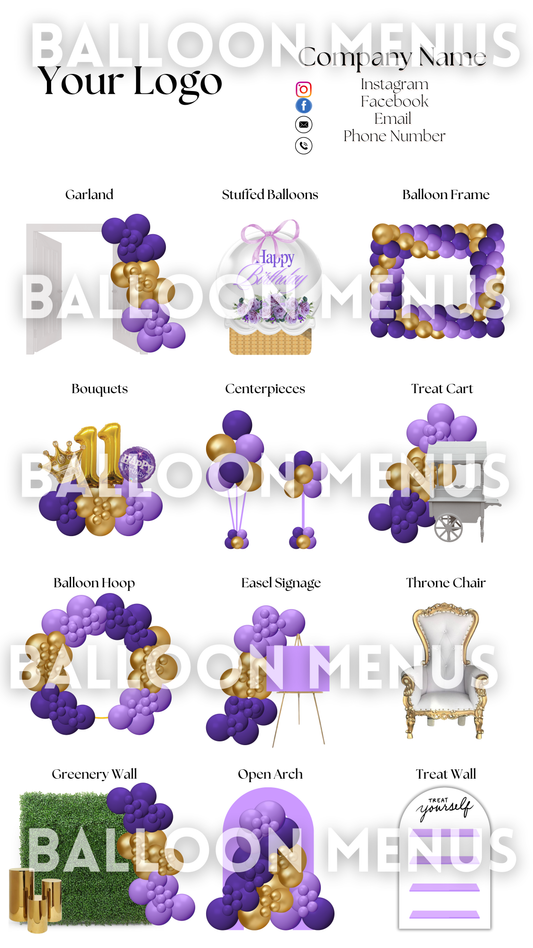 Premade Editable Balloon Menu- ( Purple  and Gold )