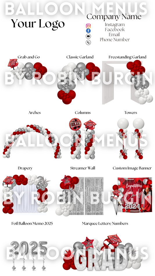 Premade Editable Large Balloon Menu- (Red, White, Silver ) Graduation