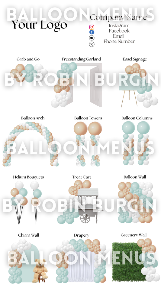 Premade Editable Large Balloon Menu- (Green, White, Beige)